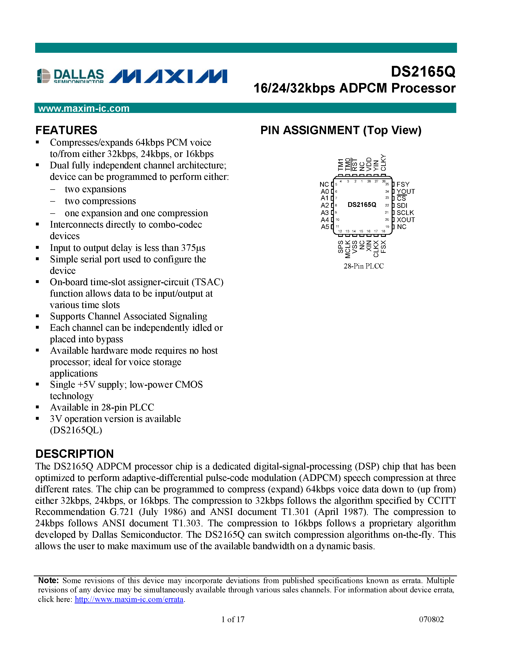 Даташит DS2165 - 16/24/32kbps ADPCM Processor страница 1