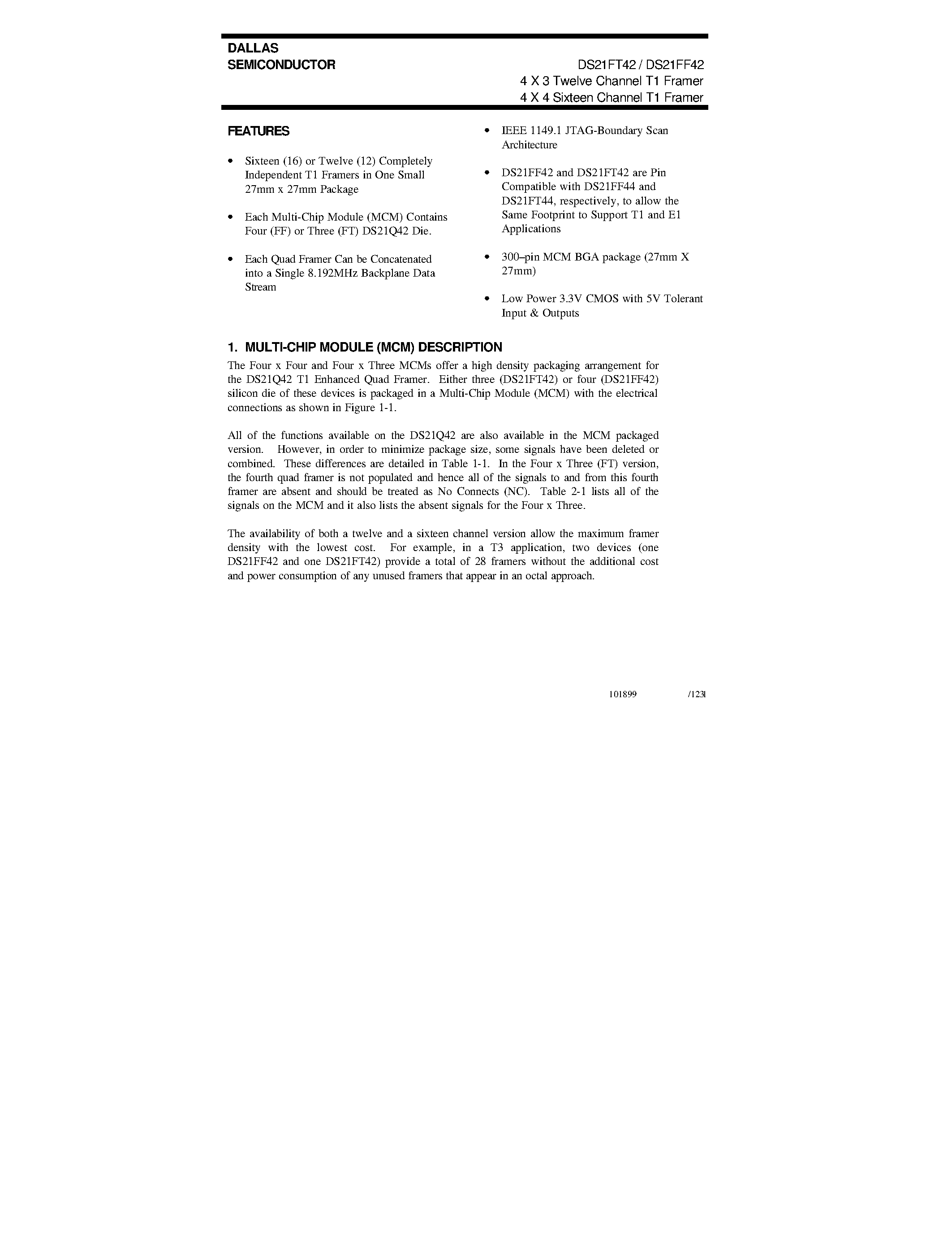 Datasheet DS21FF42 page 1 Datasheet DS21FF42 - 4 X 3 Twelve Channel T1 Framer page 1