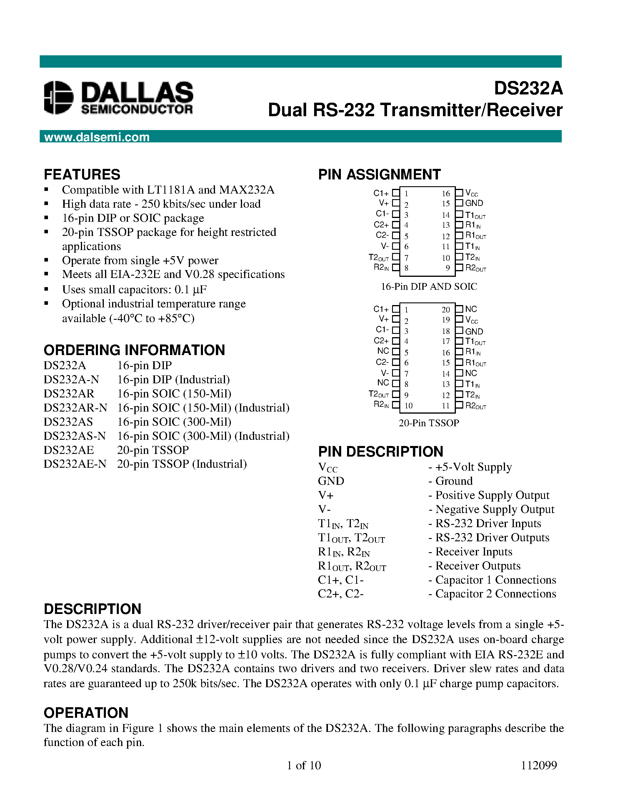 Даташит DS232AE-N - Dual RS-232 Transmitter/Receiver страница 1