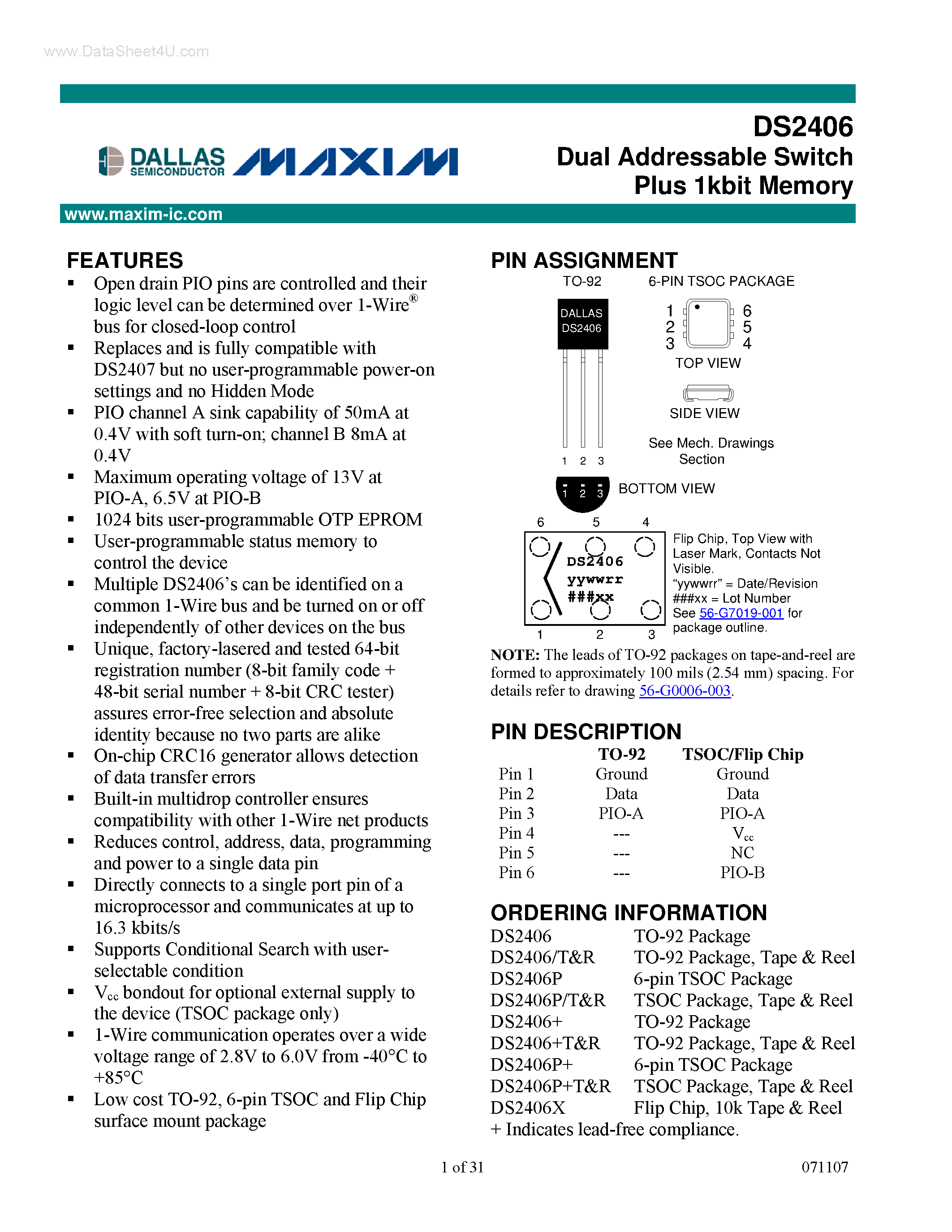 Datasheet DS2406T page 1 Datasheet DS2406T - Dual Addressable Switch Plus 1K-Bit Memory page 1