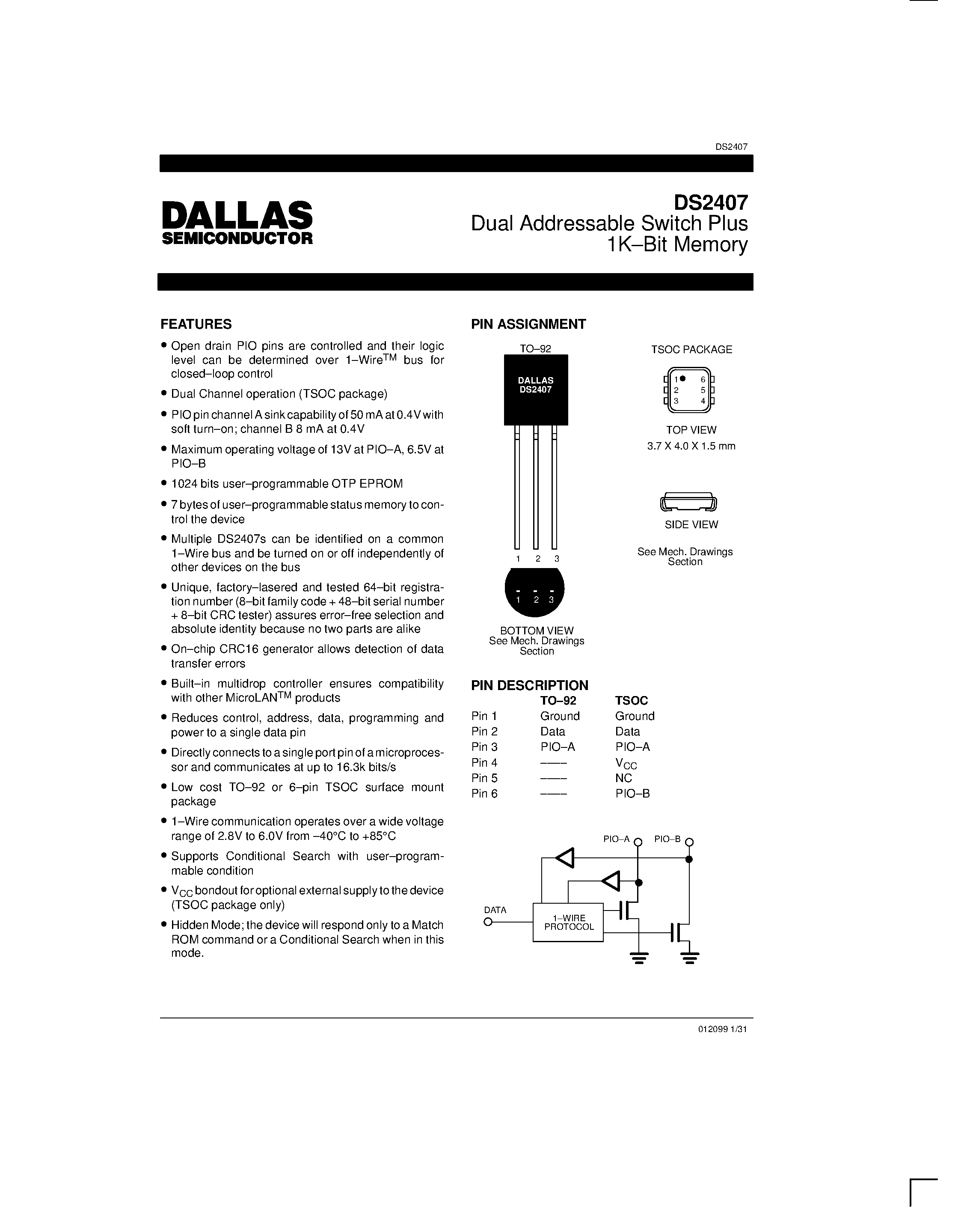 Datasheet DS2407V page 1 Datasheet DS2407V - Dual Addressable Switch Plus 1K.Bit Memory page 1