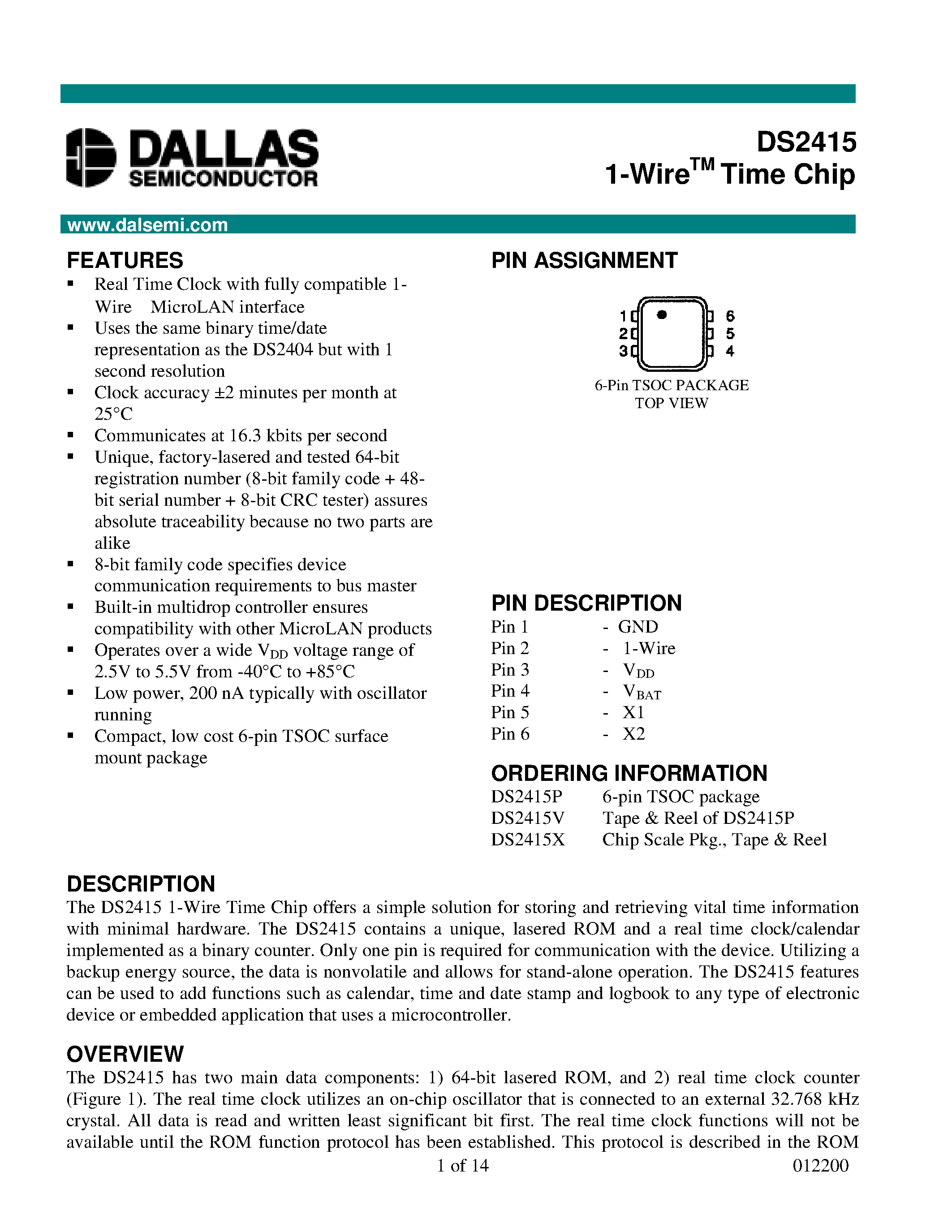 Даташит DS2415 - 1-Wire Time Chip страница 1