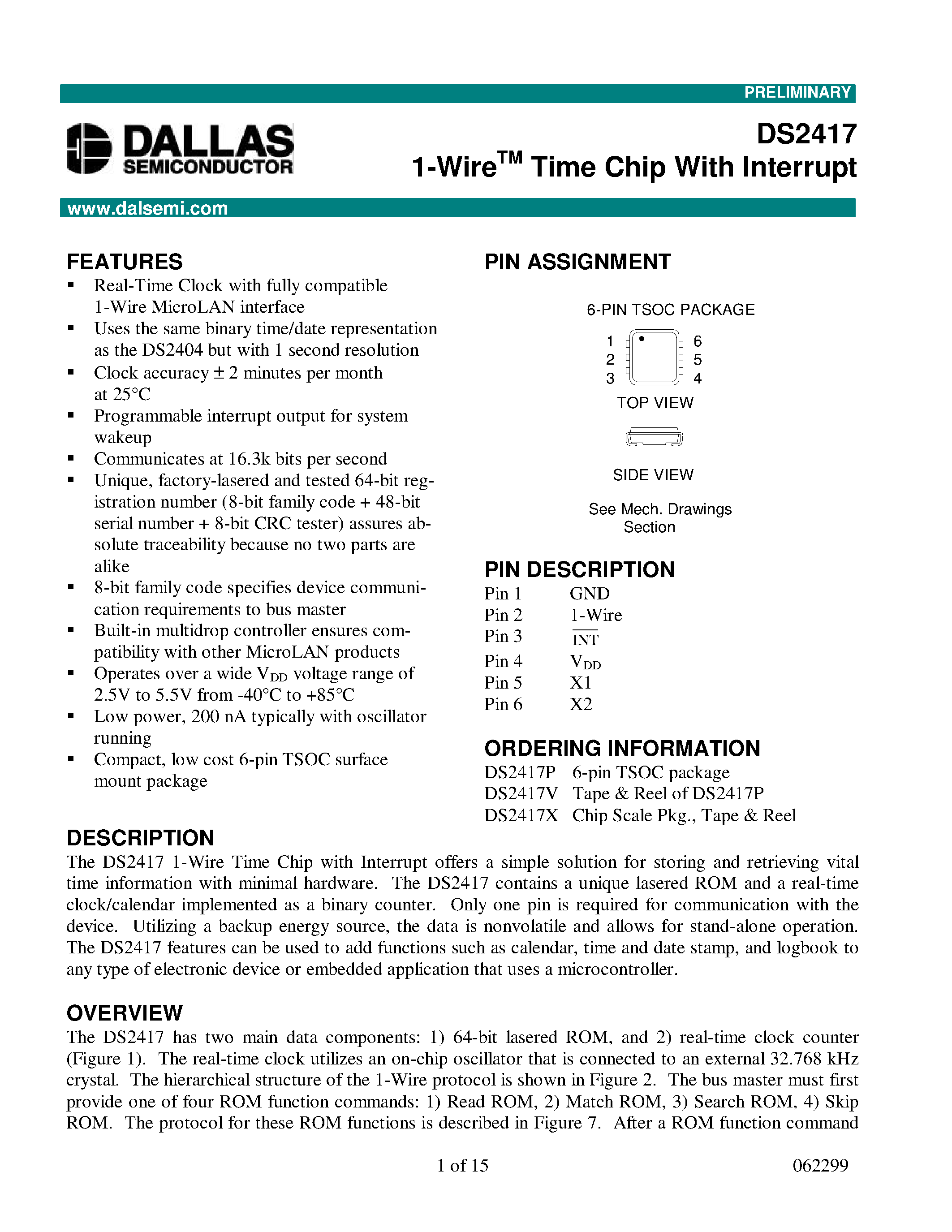 Даташит на микросхему DS2417P страница 1 Даташит DS2417P - 1-Wire Time Chip With Interrupt страница 1