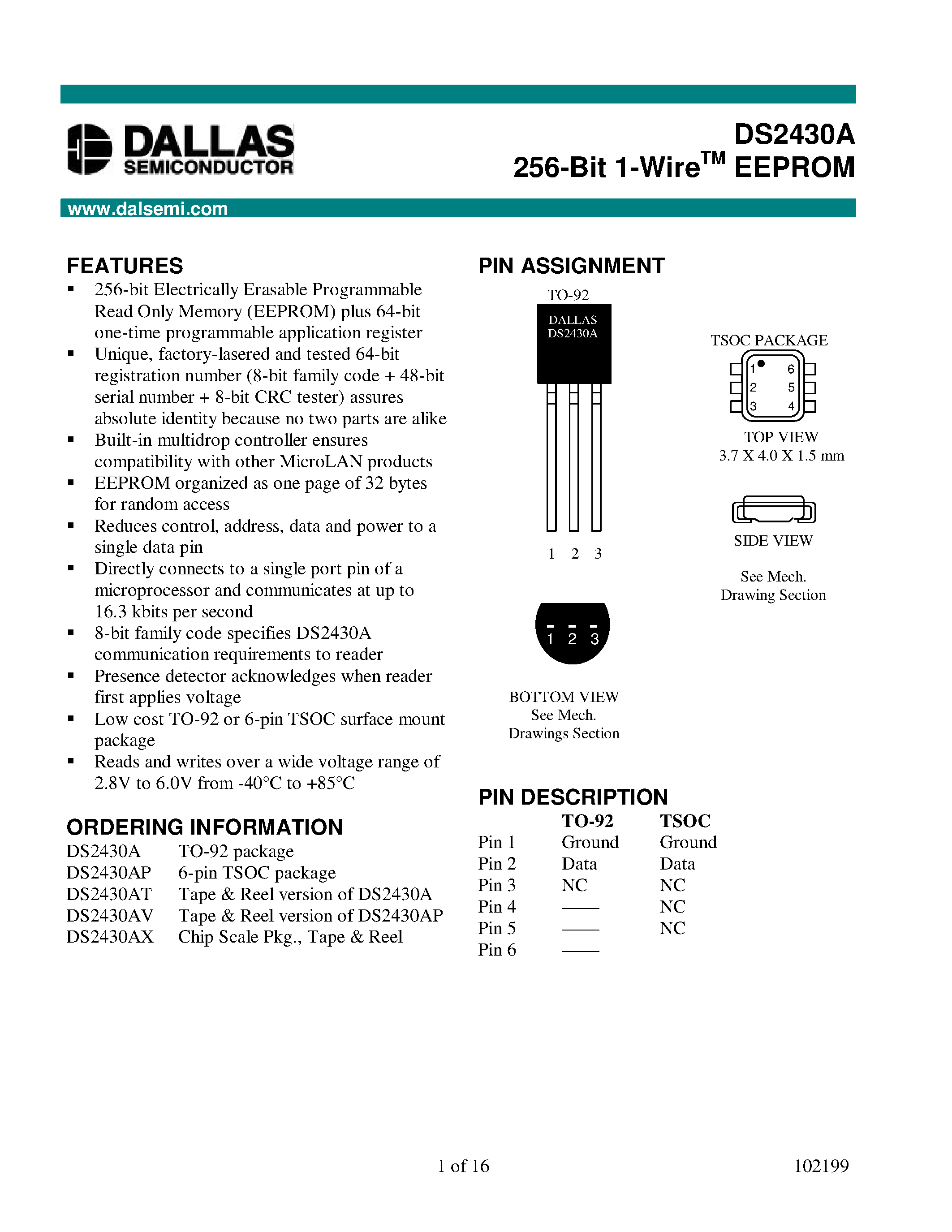 Даташит DS2430AV - 256-Bit 1-Wire EEPROM страница 1