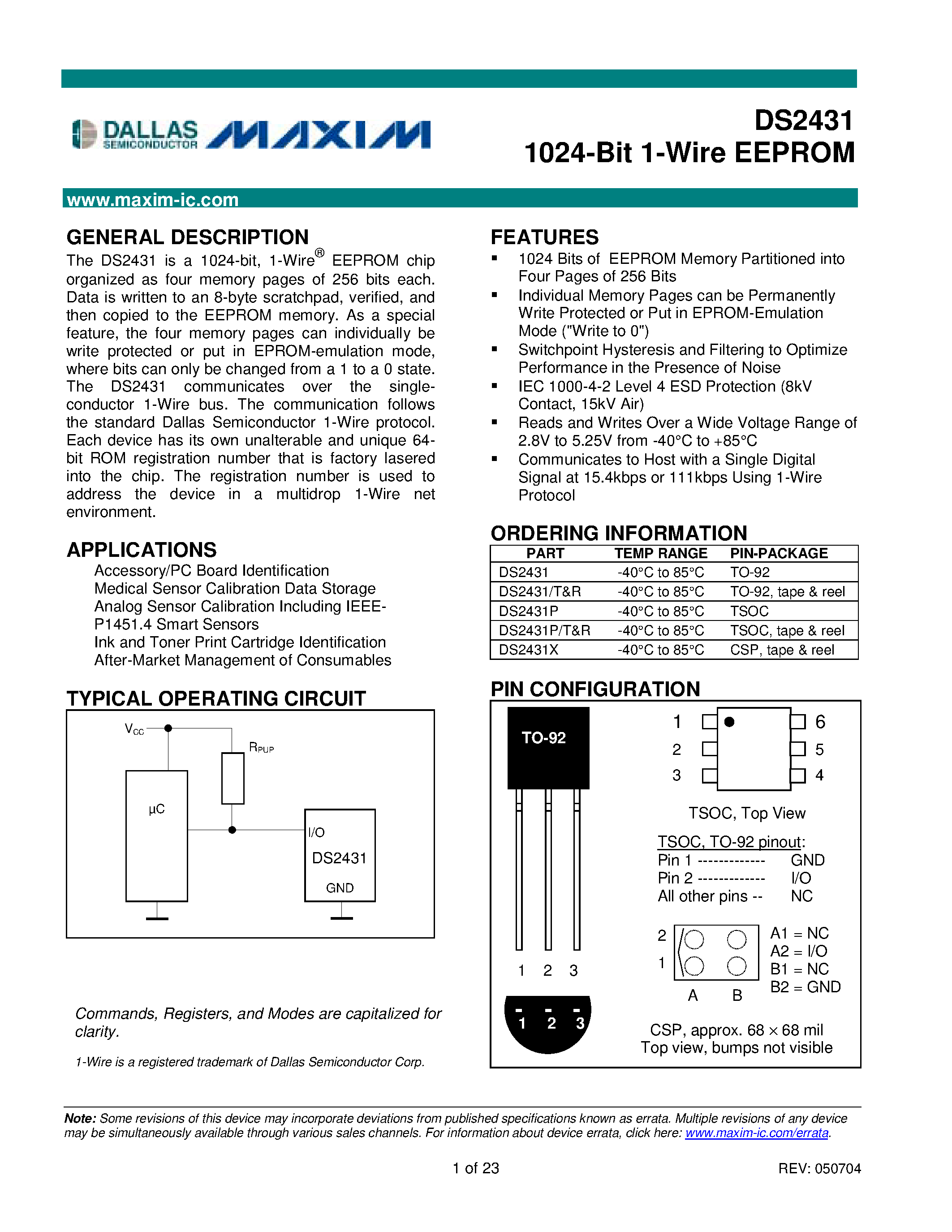Даташит на микросхему DS2431P страница 1 Даташит DS2431P - 1024-Bit 1-Wire EEPROM страница 1