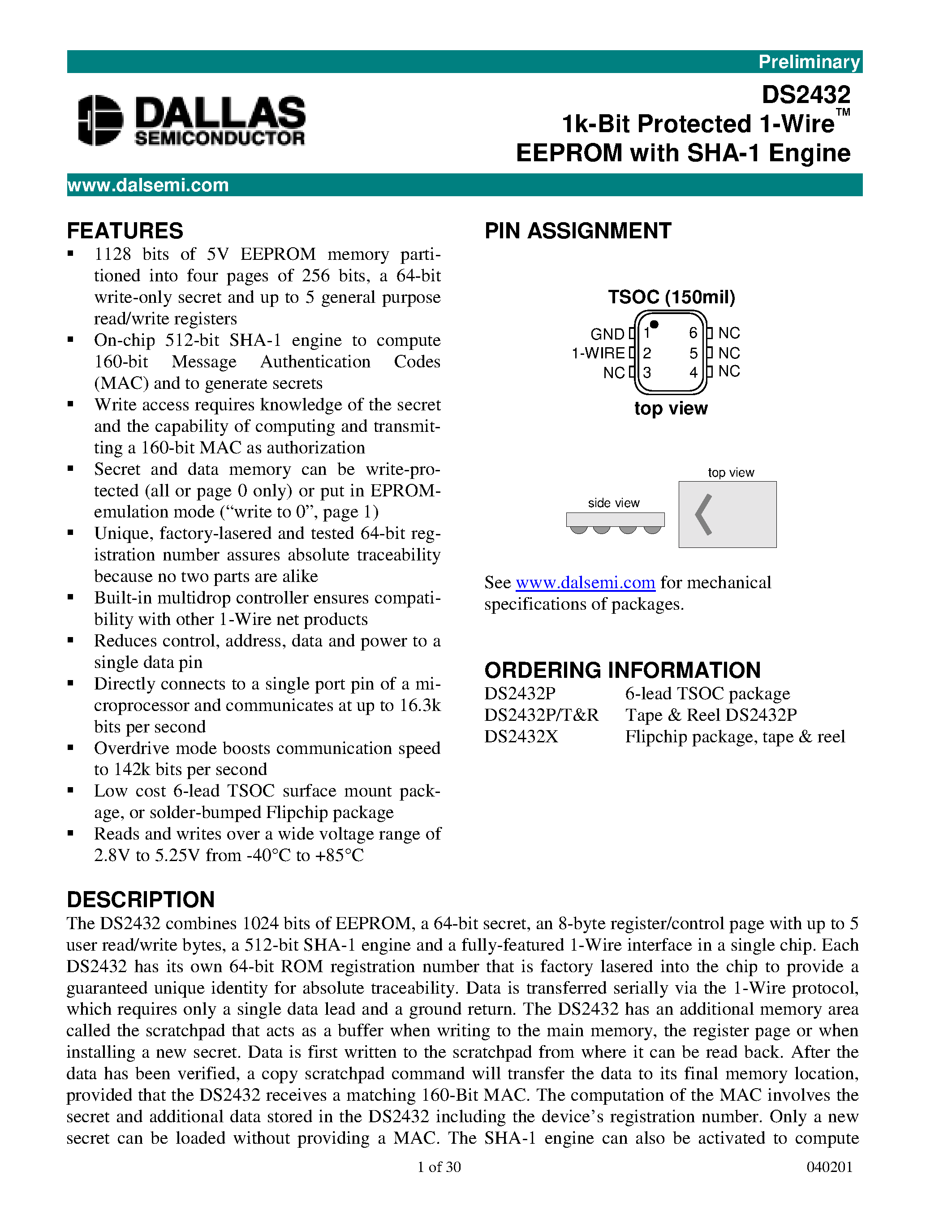 Datasheet DS2432P - 1k-Bit Protected 1-Wire EEPROM with SHA-1 Engine page 1