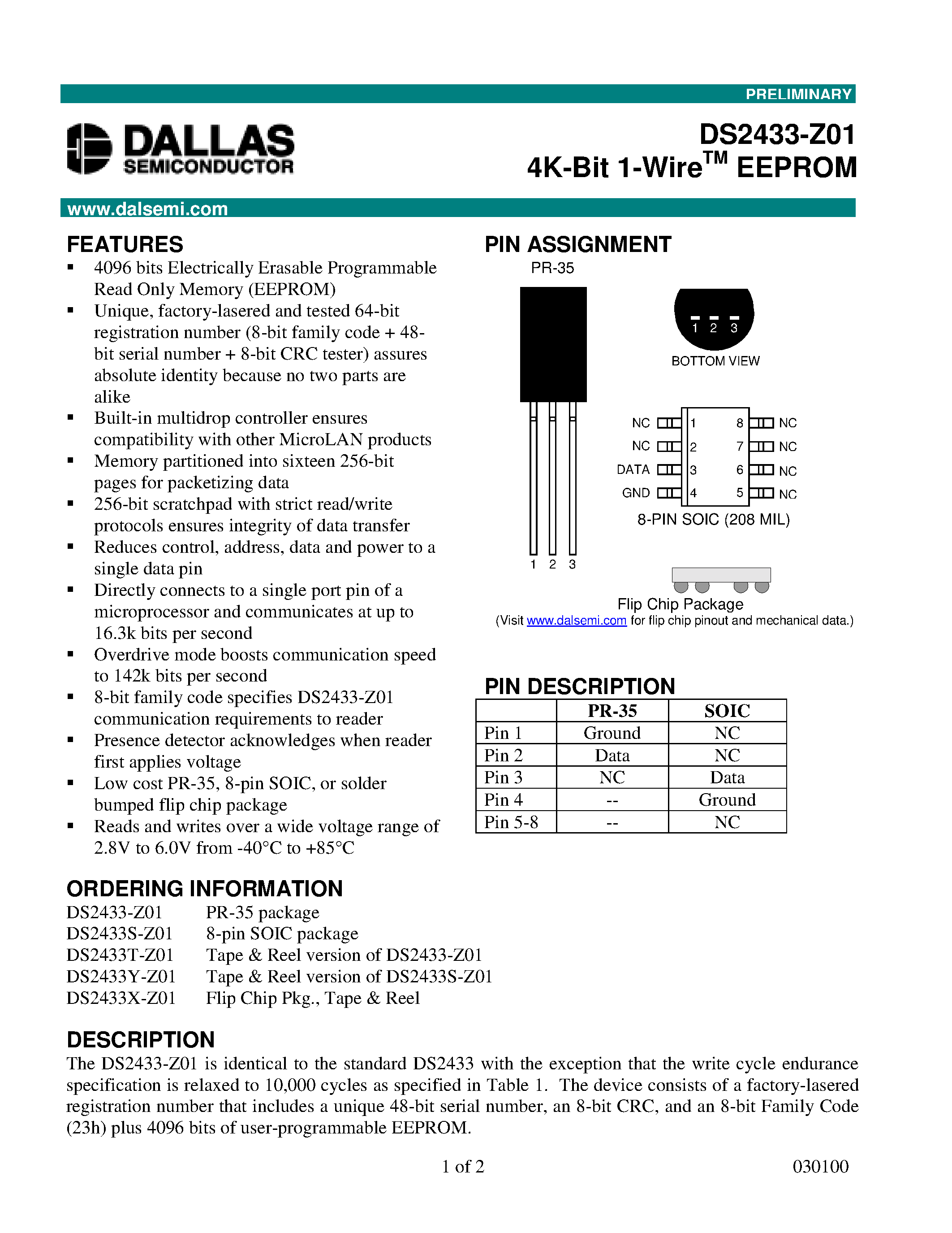Даташит DS2433X-Z01 - 4K-Bit 1-Wire EEPROM страница 1