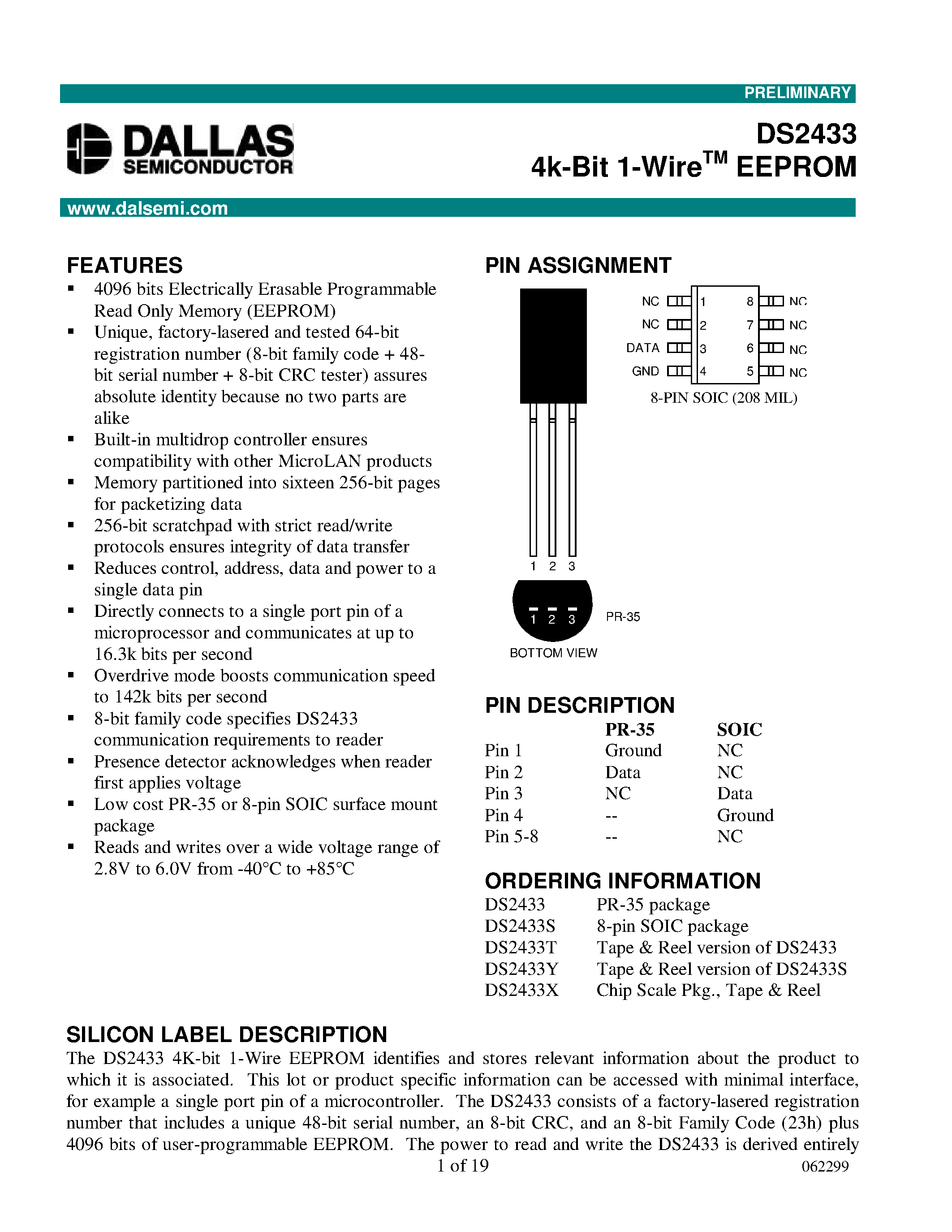 Даташит DS2433Y - 4k-Bit 1-Wire EEPROM страница 1