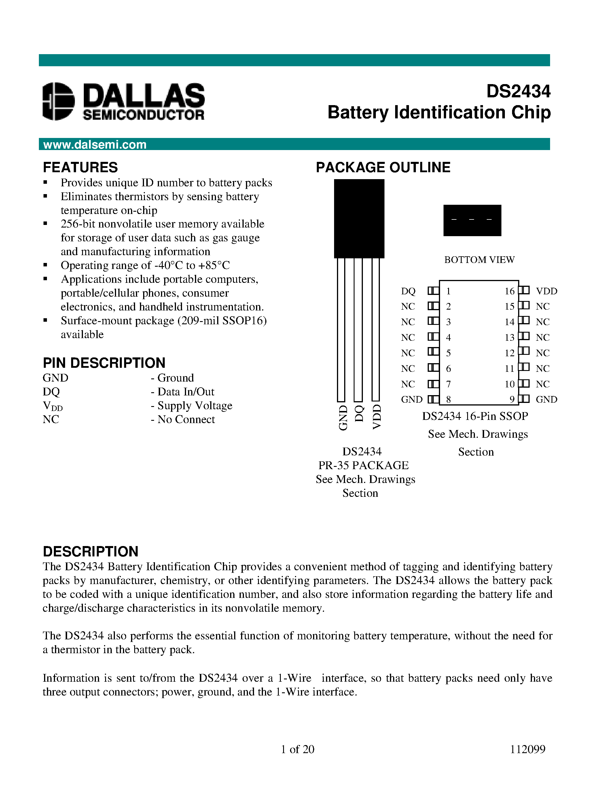 Datasheet DS2434 - Battery Identification Chip page 1