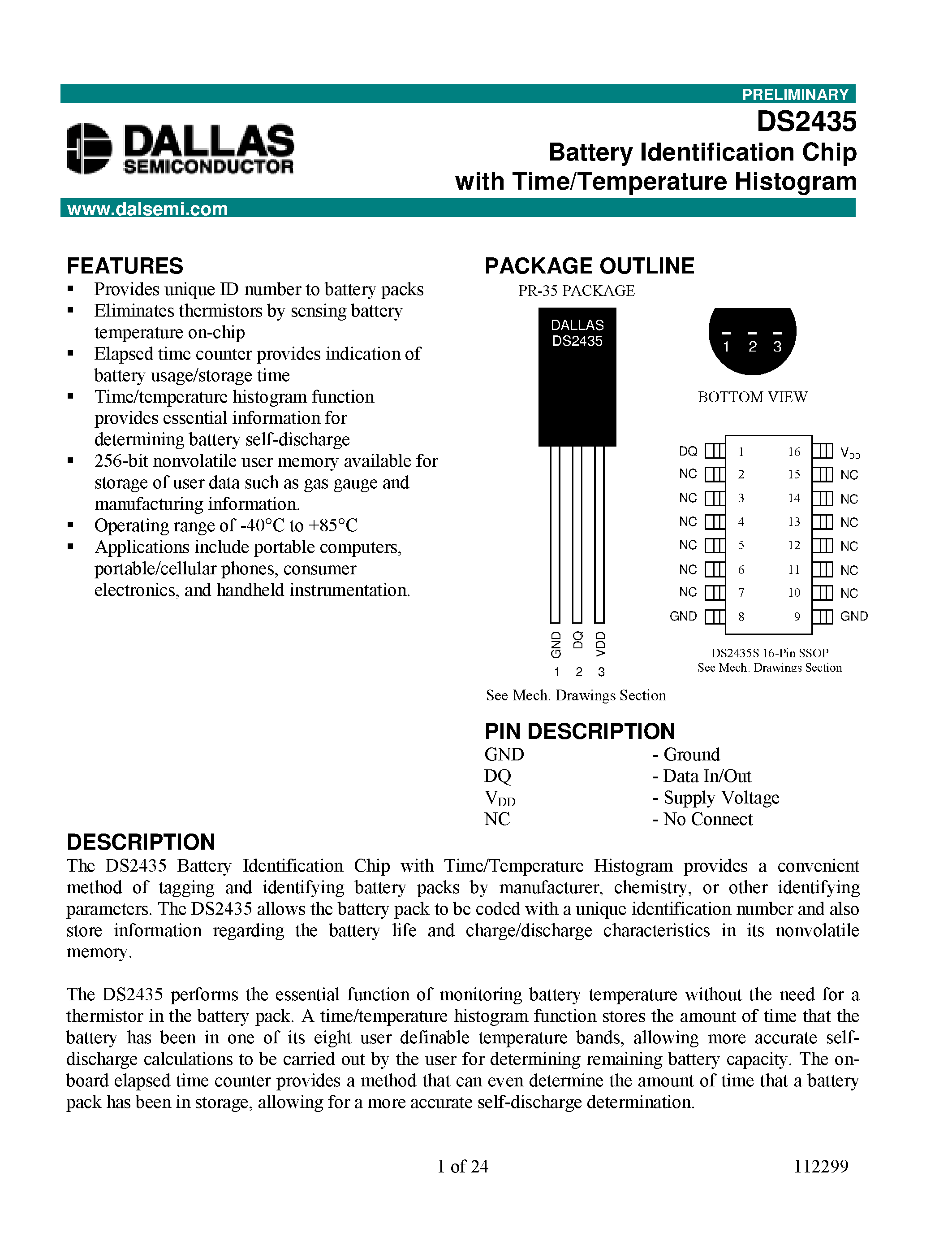 Datasheet DS2435 - Battery Identification Chip with Time/Temperature Histogram page 1