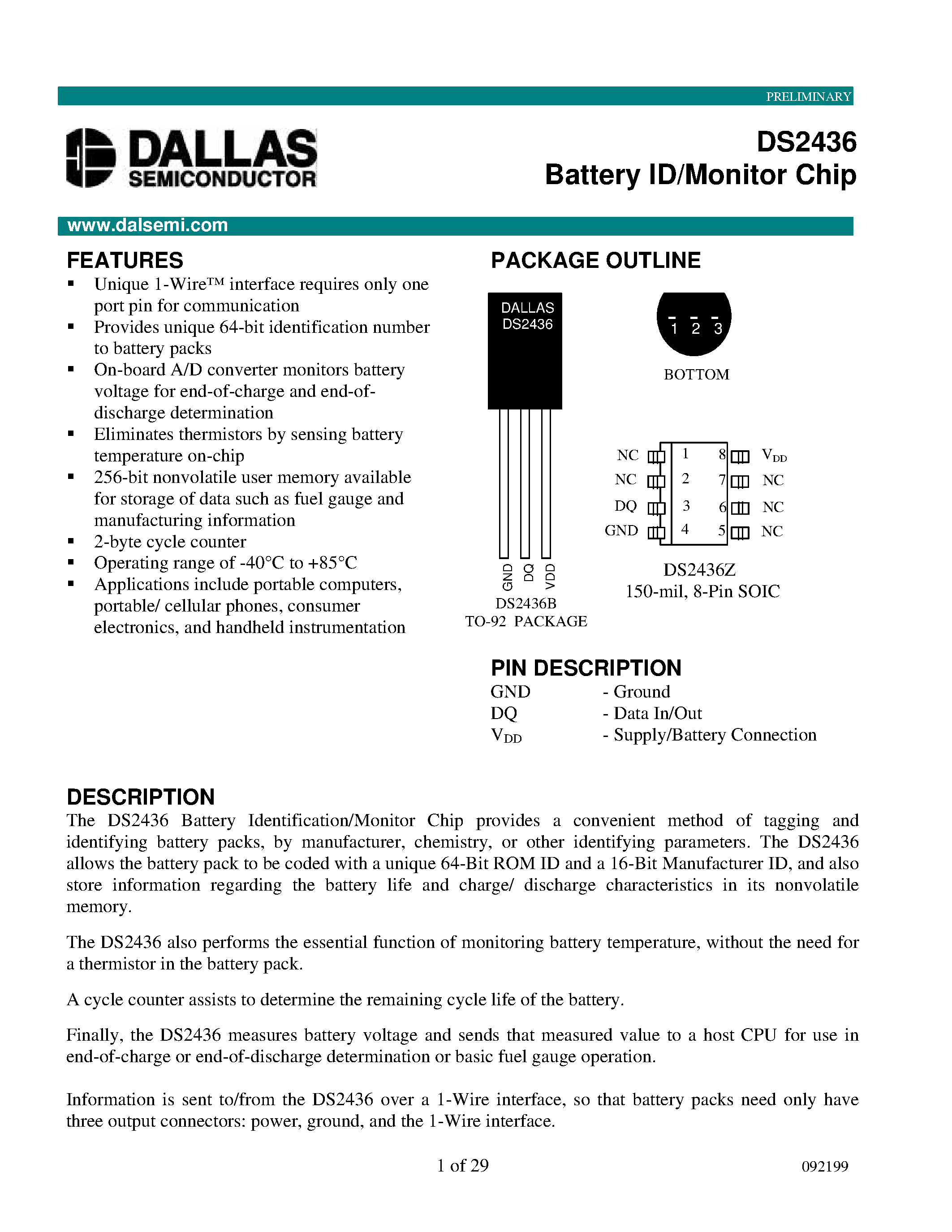 Datasheet DS2436Z - Battery ID/Monitor Chip page 1