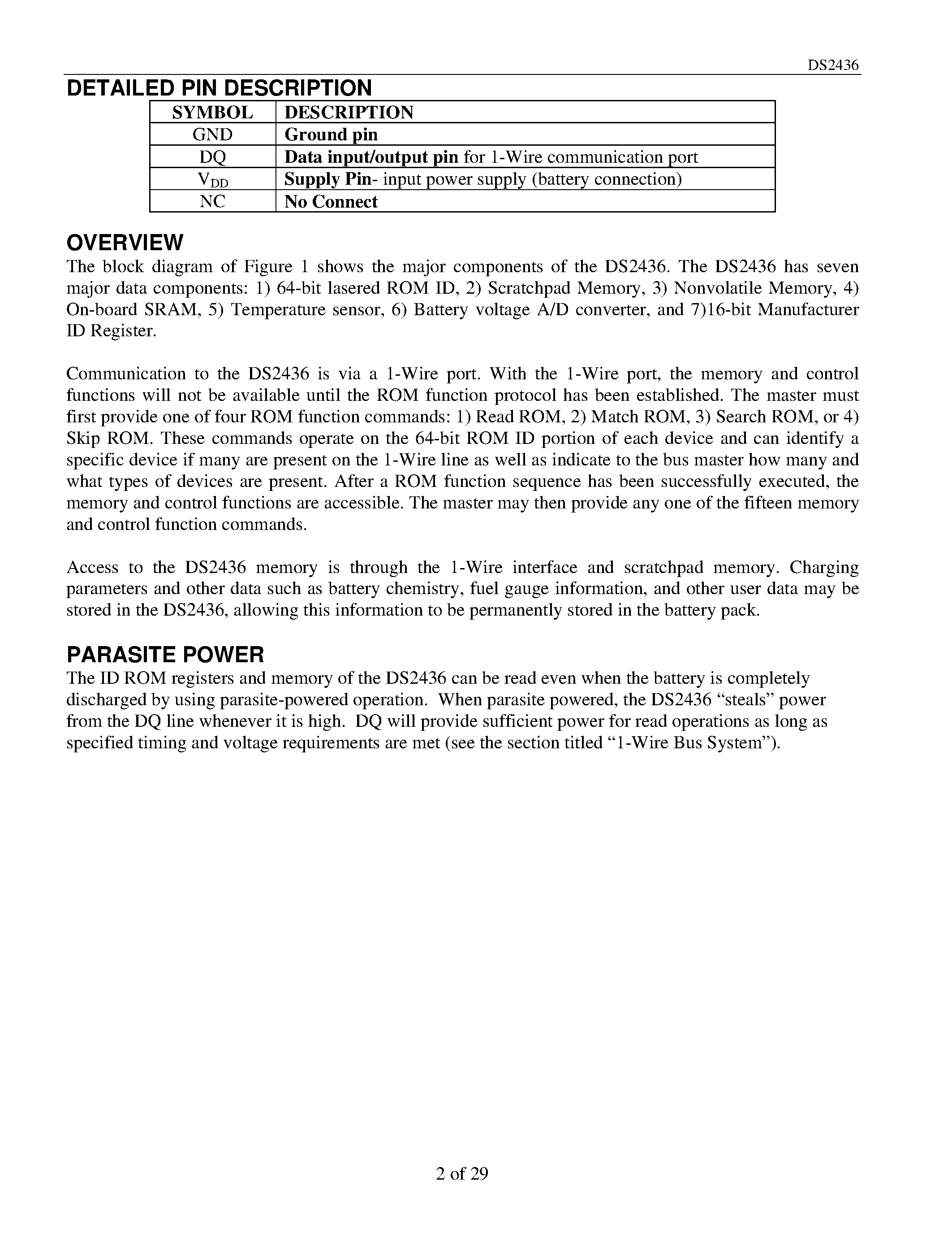 Datasheet DS2436Z - Battery ID/Monitor Chip page 2