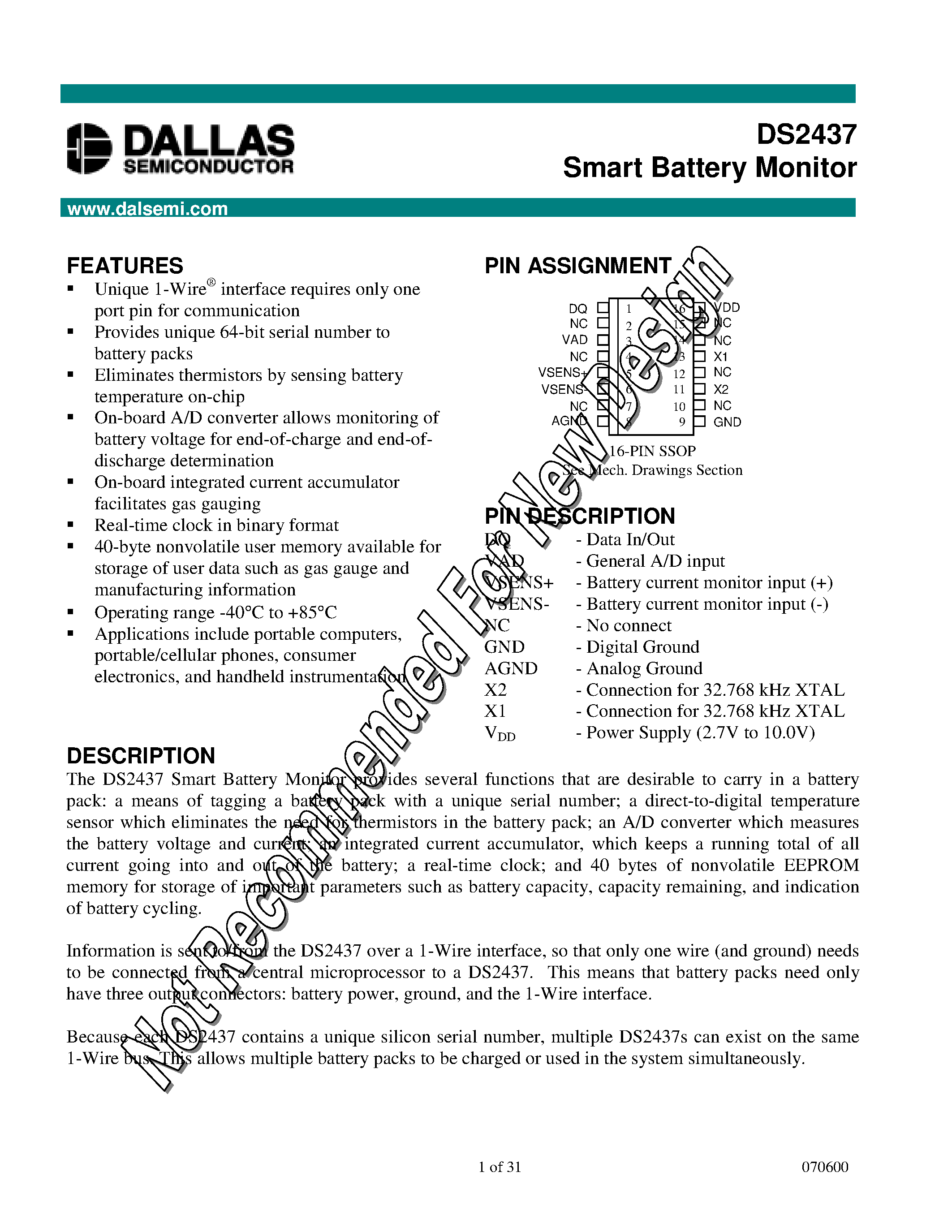 Datasheet DS2437 - Smart Battery Monitor page 1
