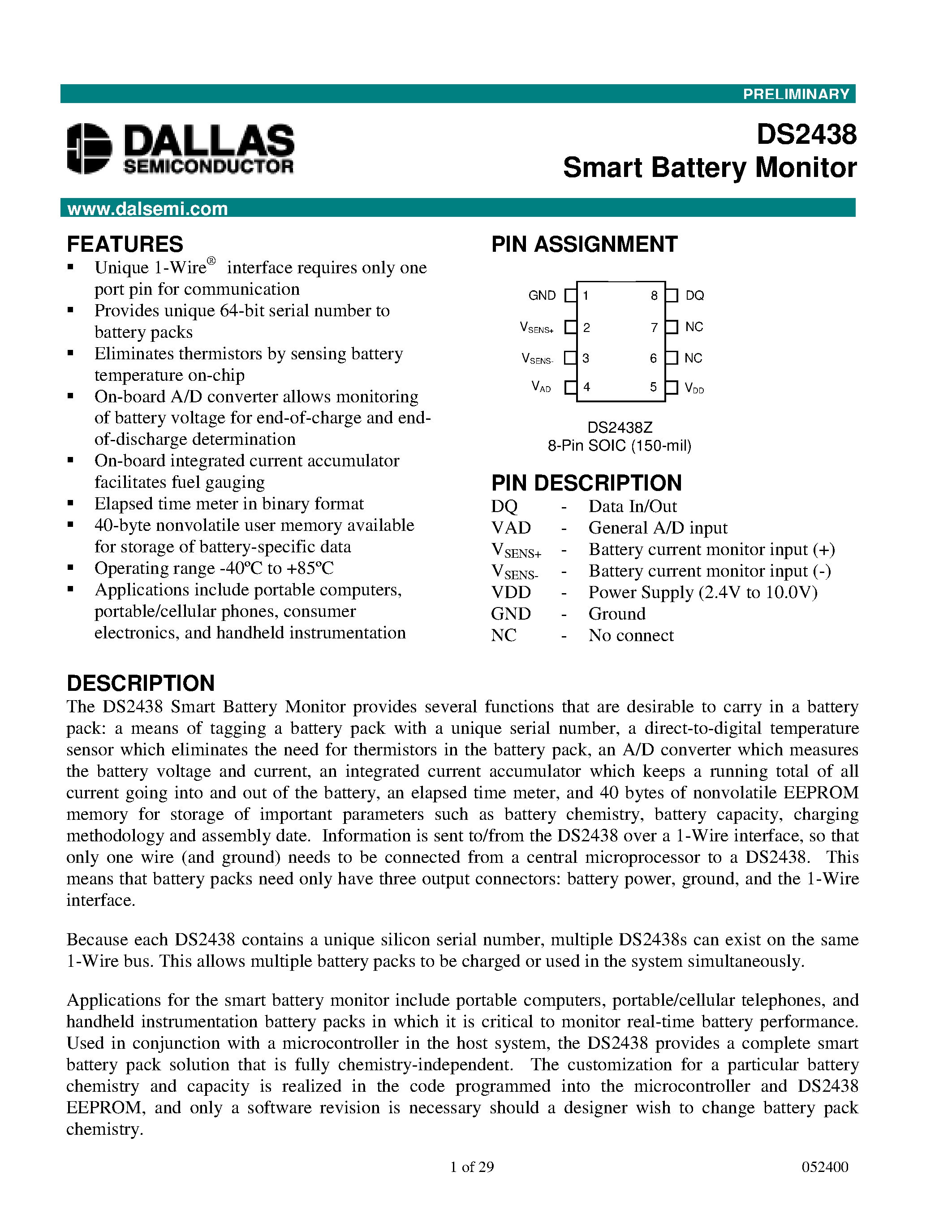 Datasheet DS2438Z - Smart Battery Monitor page 1