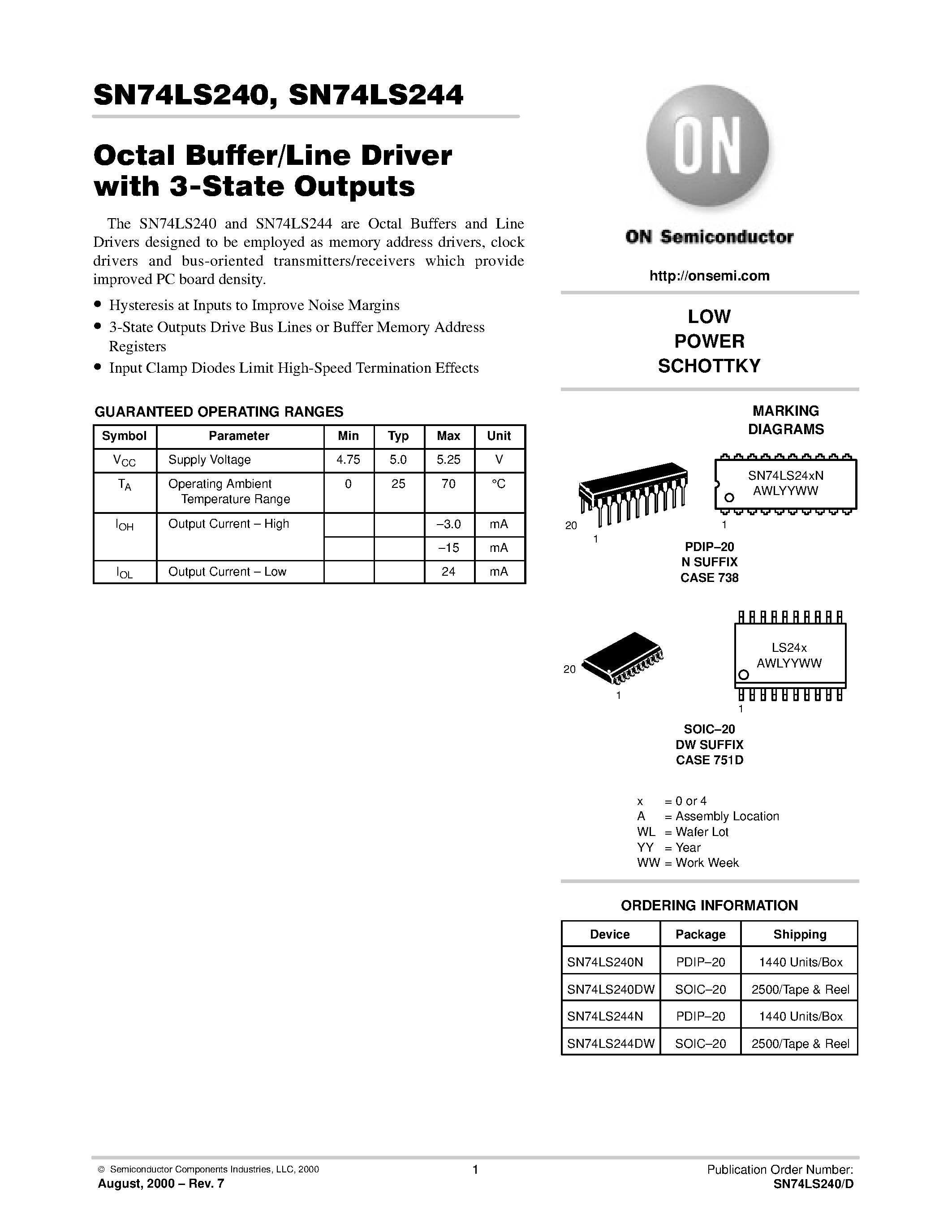 Даташит на микросхему DS244 страница 1 Даташит DS244 - Octal Buffer/Line Driver with 3-State Outputs страница 1