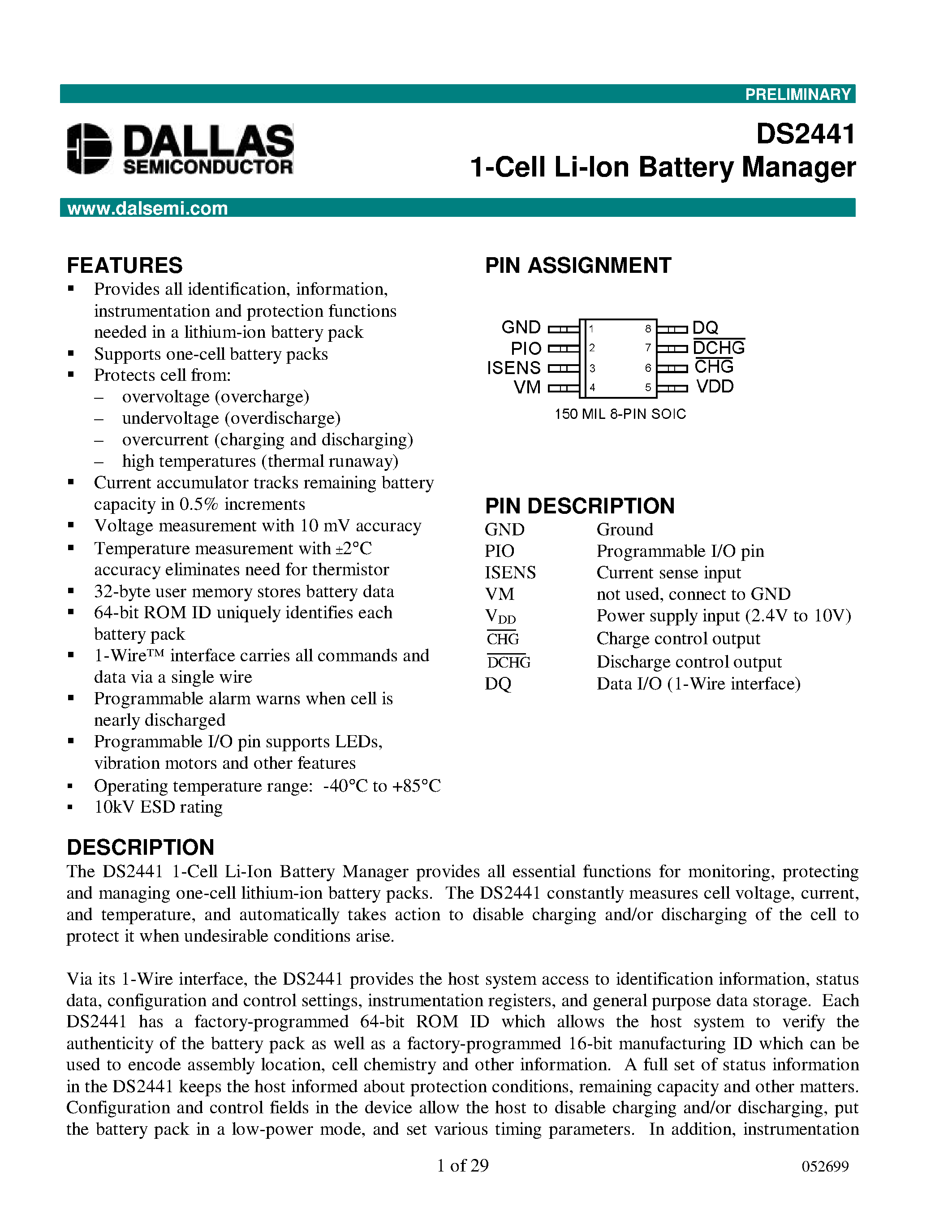 Datasheet DS2441 - 1-Cell Li-Ion Battery Manager page 1