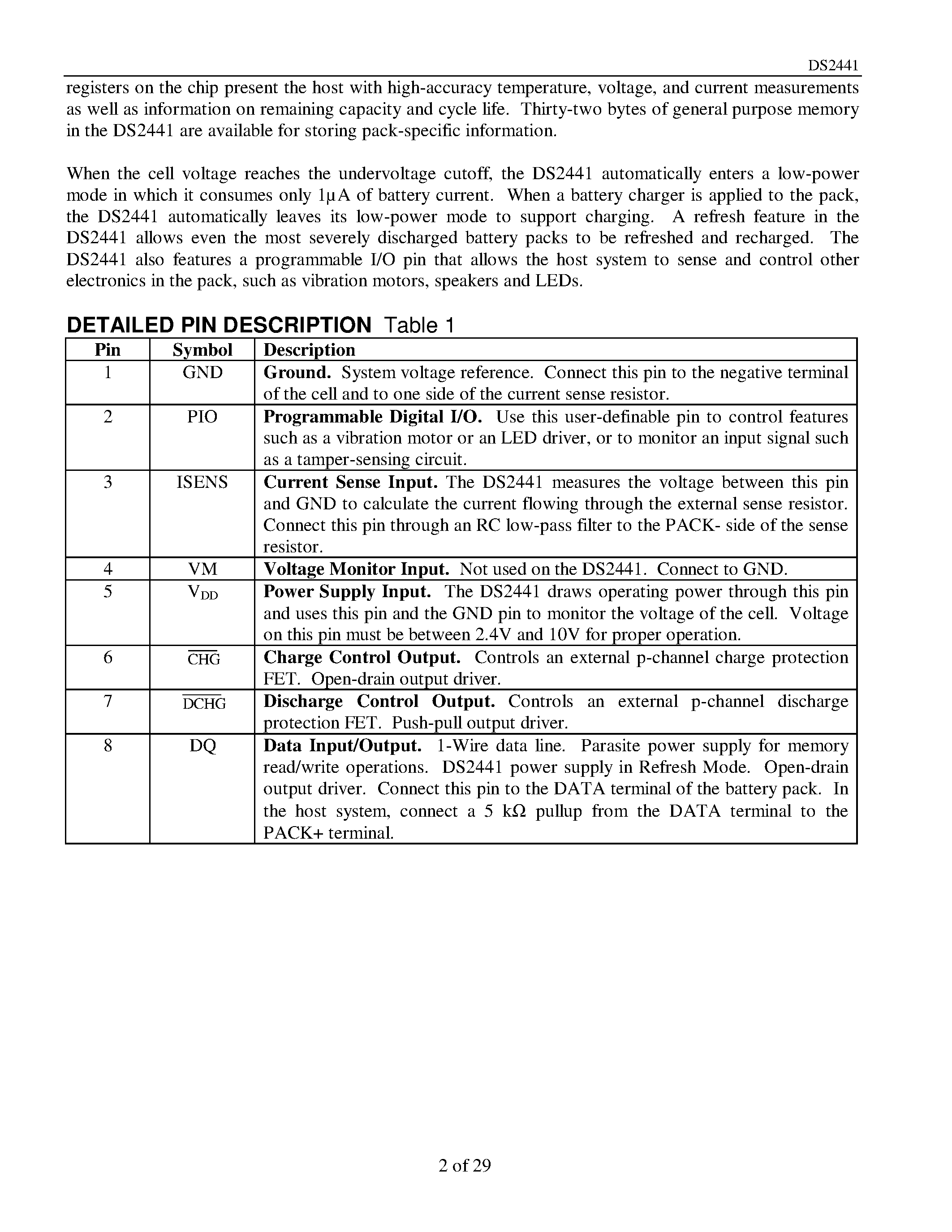 Datasheet DS2441 - 1-Cell Li-Ion Battery Manager page 2