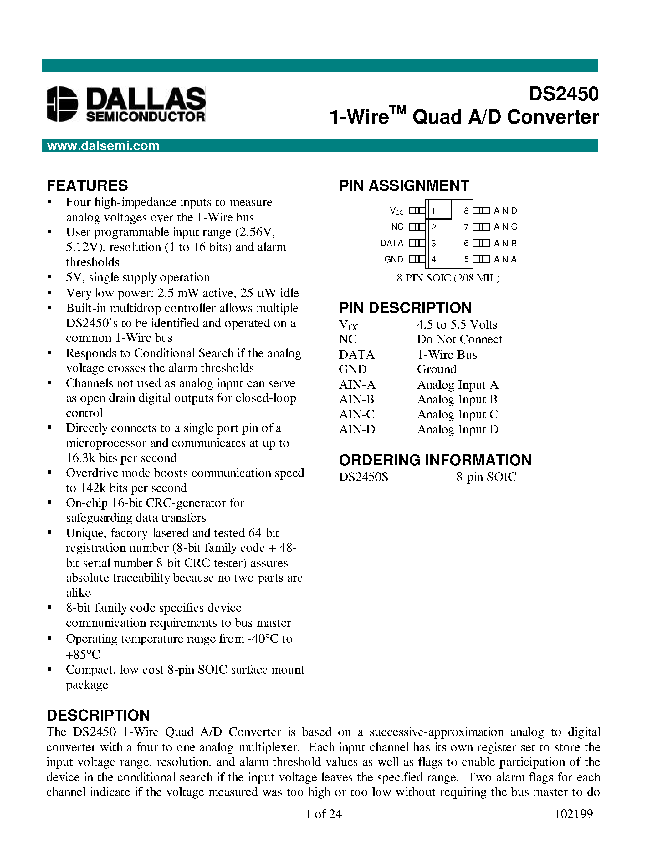 Datasheet DS2450 - 1-Wire Quad A/D Converter page 1