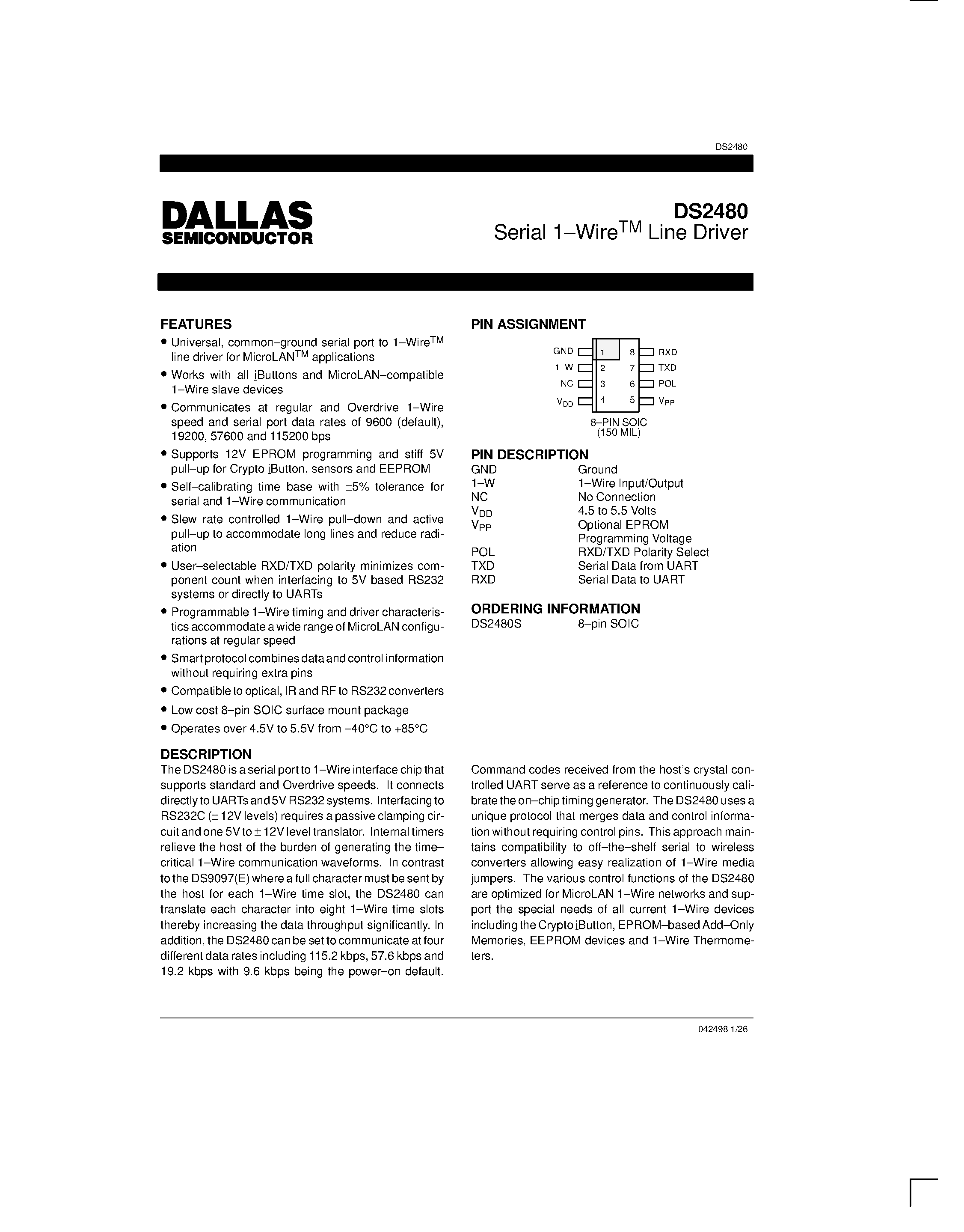 Даташит DS2480S - Serial 1.Wire Line Driver страница 1