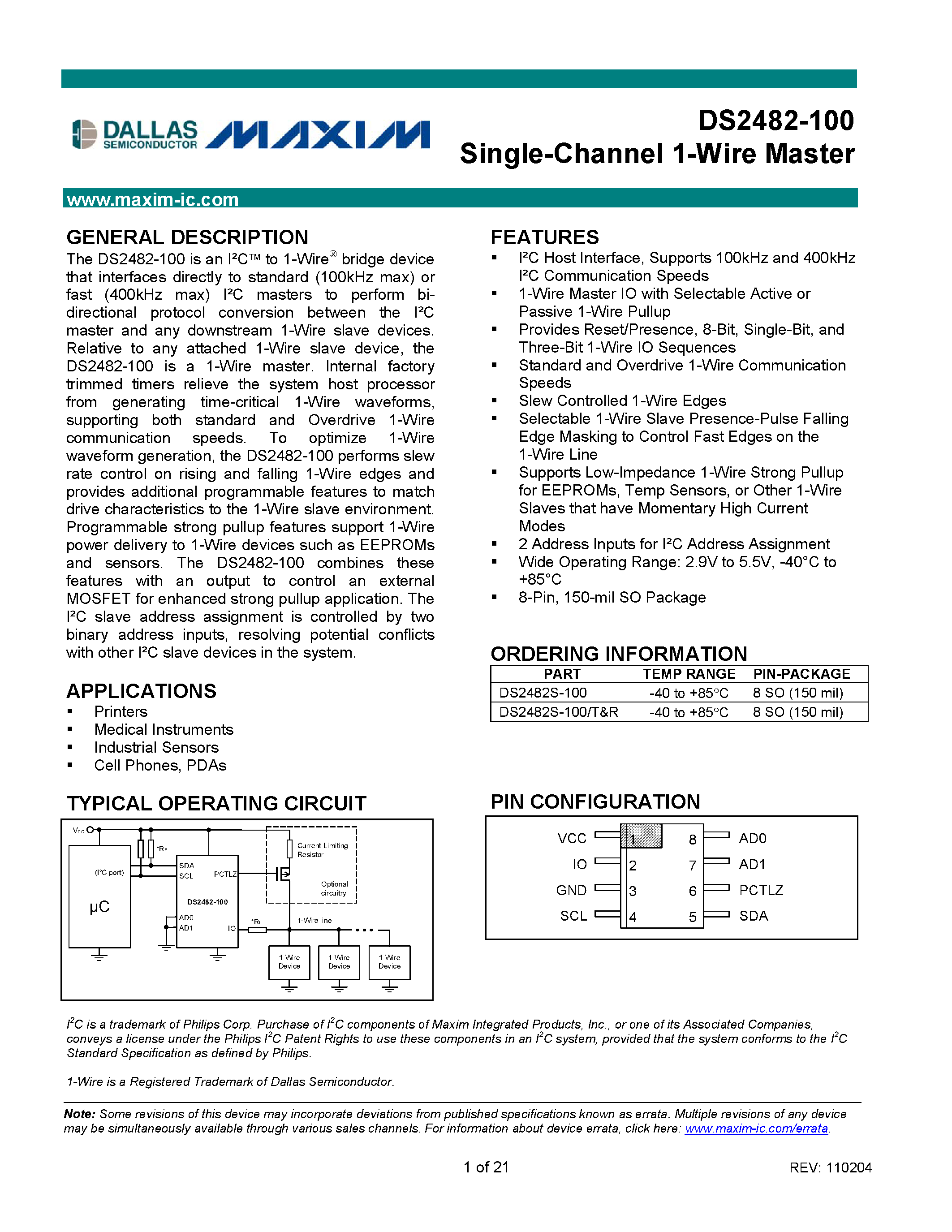 Даташит на микросхему DS2482-100 страница 1 Даташит DS2482-100 - Single-Channel 1-Wire Master страница 1