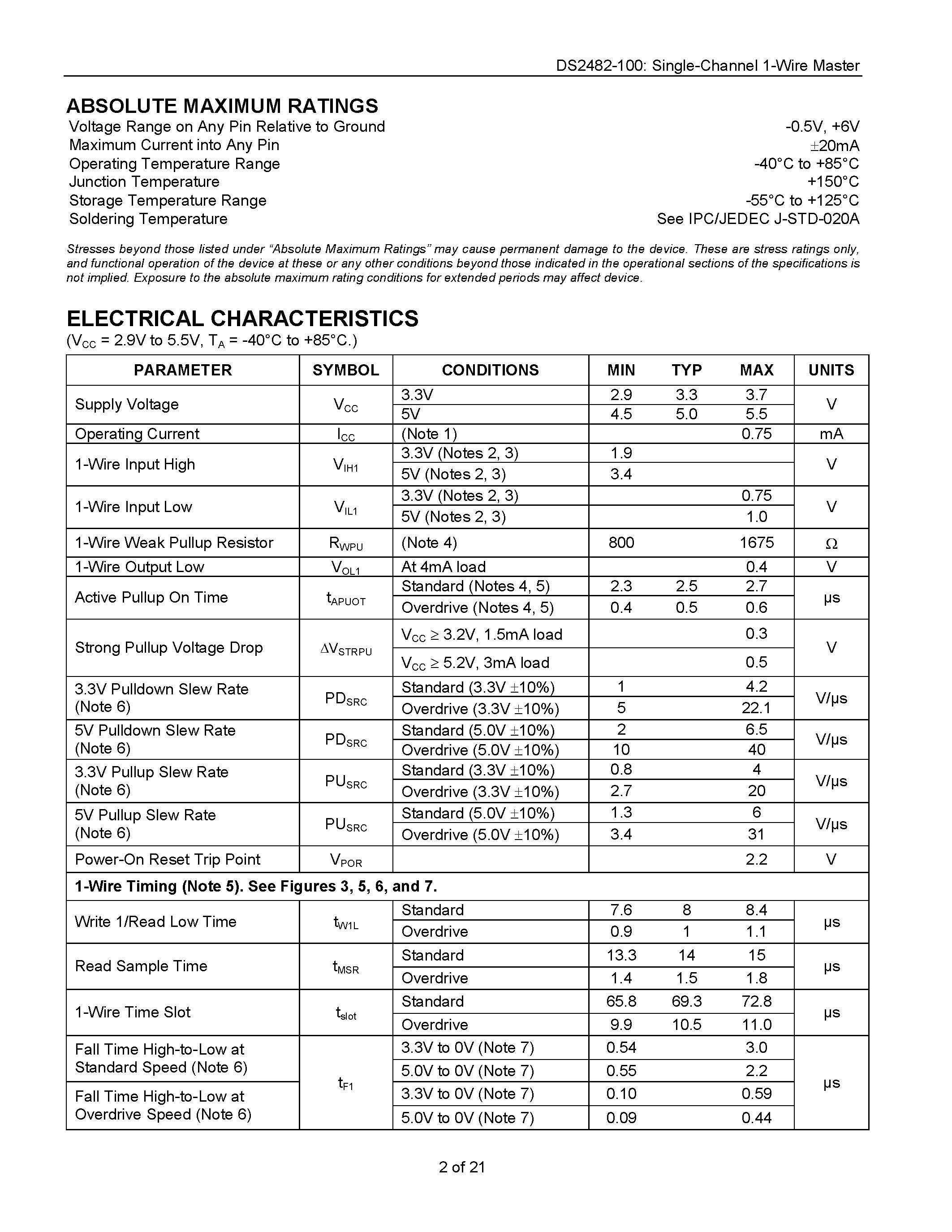 Даташит на микросхему DS2482S-100 страница 2 Даташит DS2482S-100 - Single-Channel 1-Wire Master страница 2