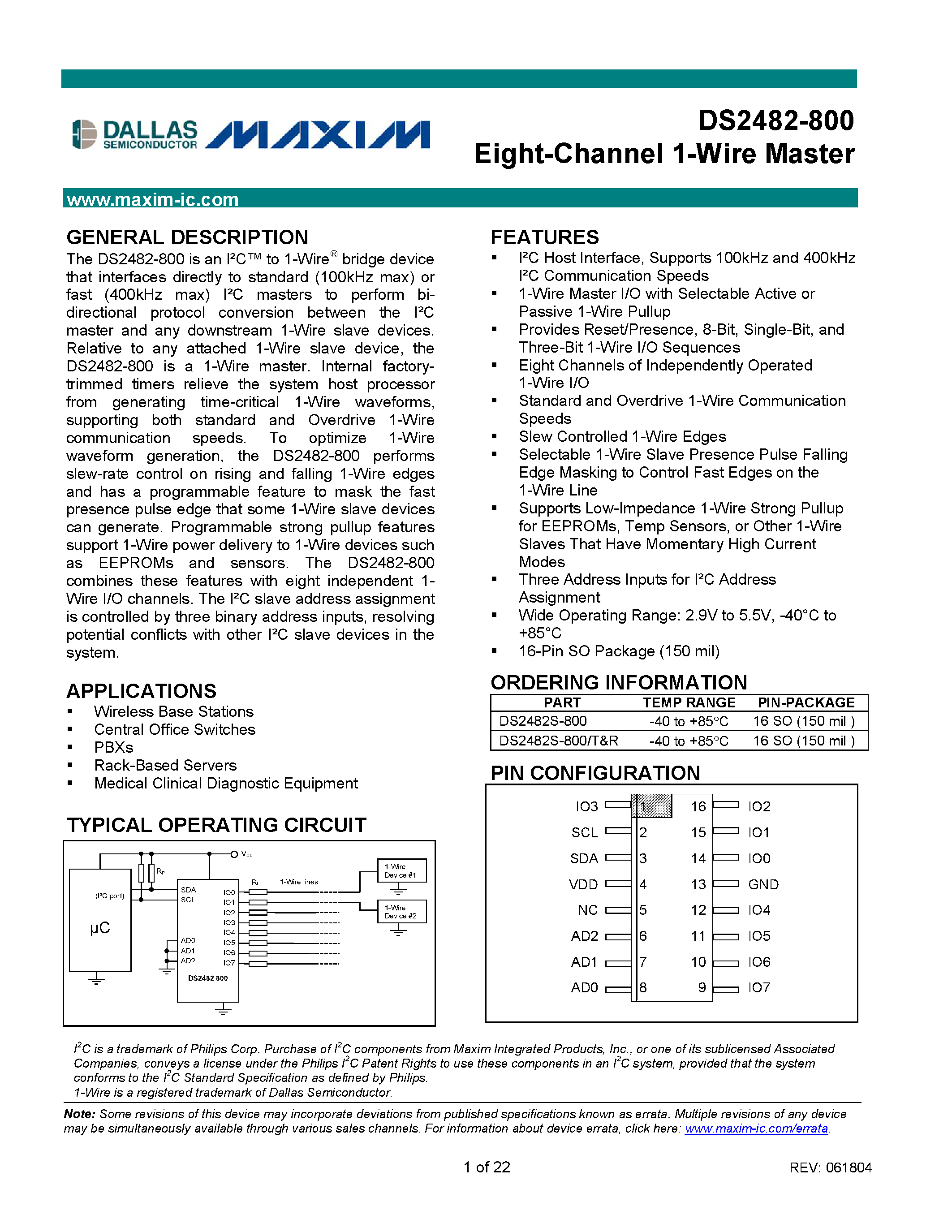 Даташит на микросхему DS2482S-800 страница 1 Даташит DS2482S-800 - Eight-Channel 1-Wire Master страница 1