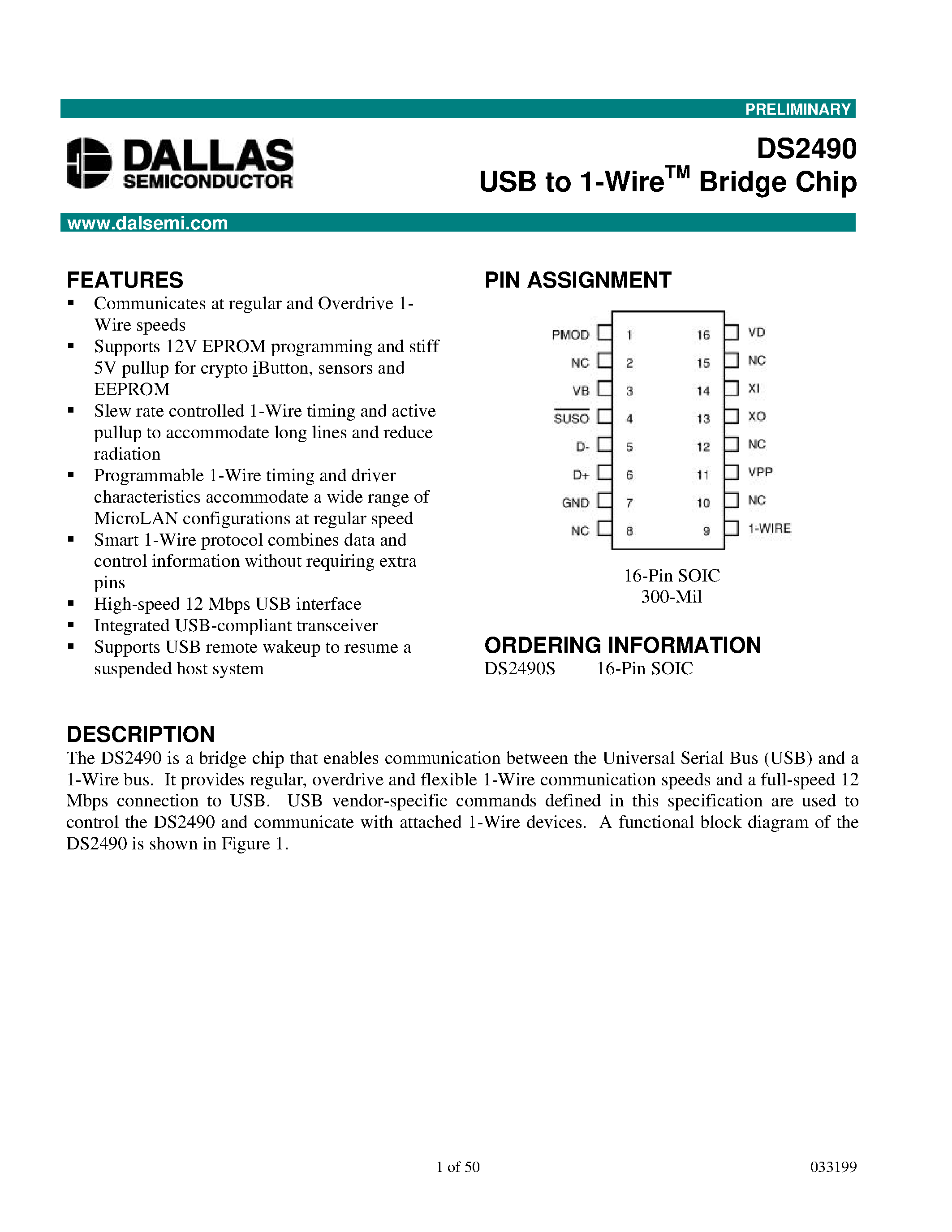Даташит DS2490S - USB to 1-Wire Bridge Chip страница 1