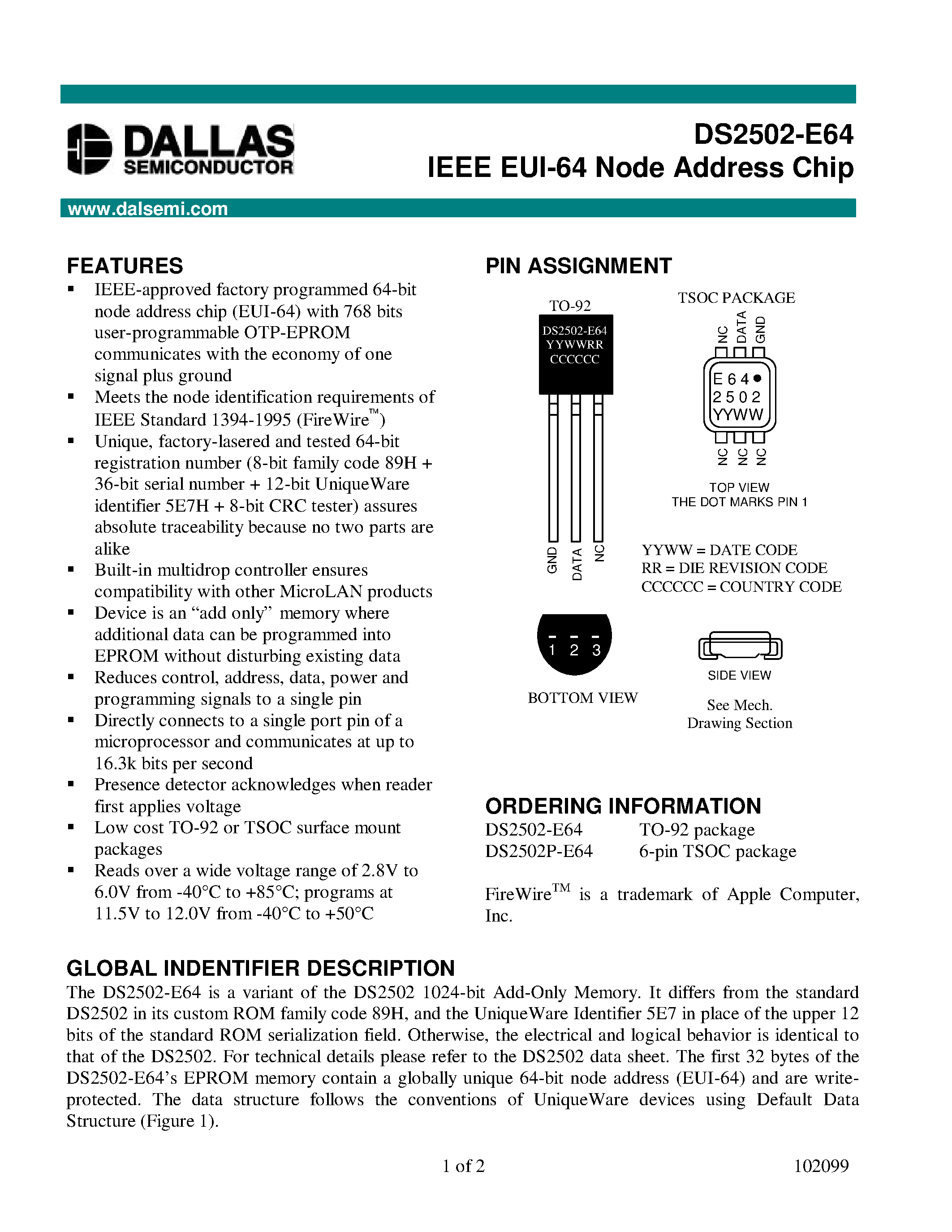 Datasheet DS2502-E64 page 1 Datasheet DS2502-E64 - IEEE EUI-64 Node Address Chip page 1