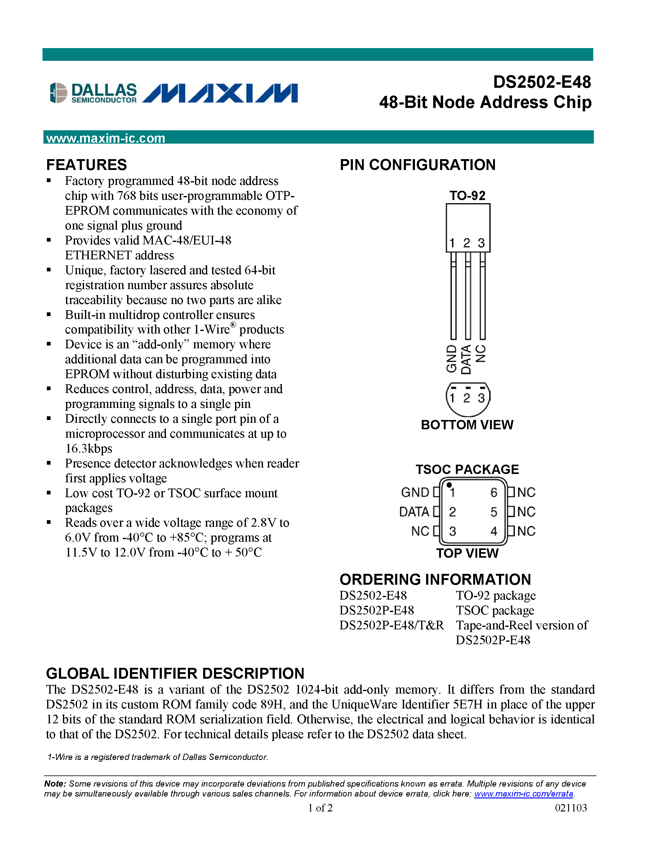 Datasheet DS2502P-E48 page 1 Datasheet DS2502P-E48 - 48-Bit Node Address Chip page 1
