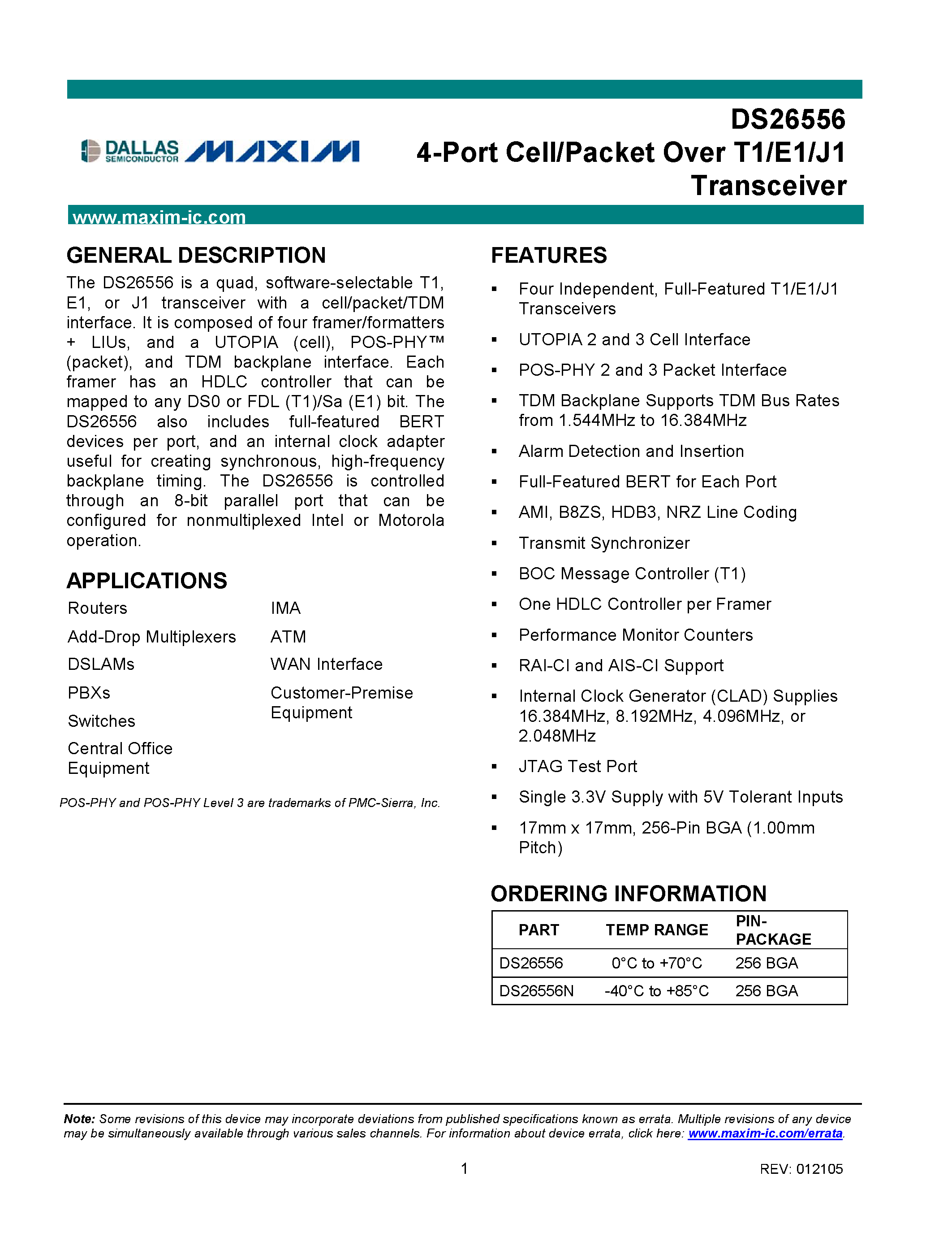 Datasheet DS26556 page 1 Datasheet DS26556 - 4-Port Cell/Packet Over T1/E1/J1 Transceiver page 1