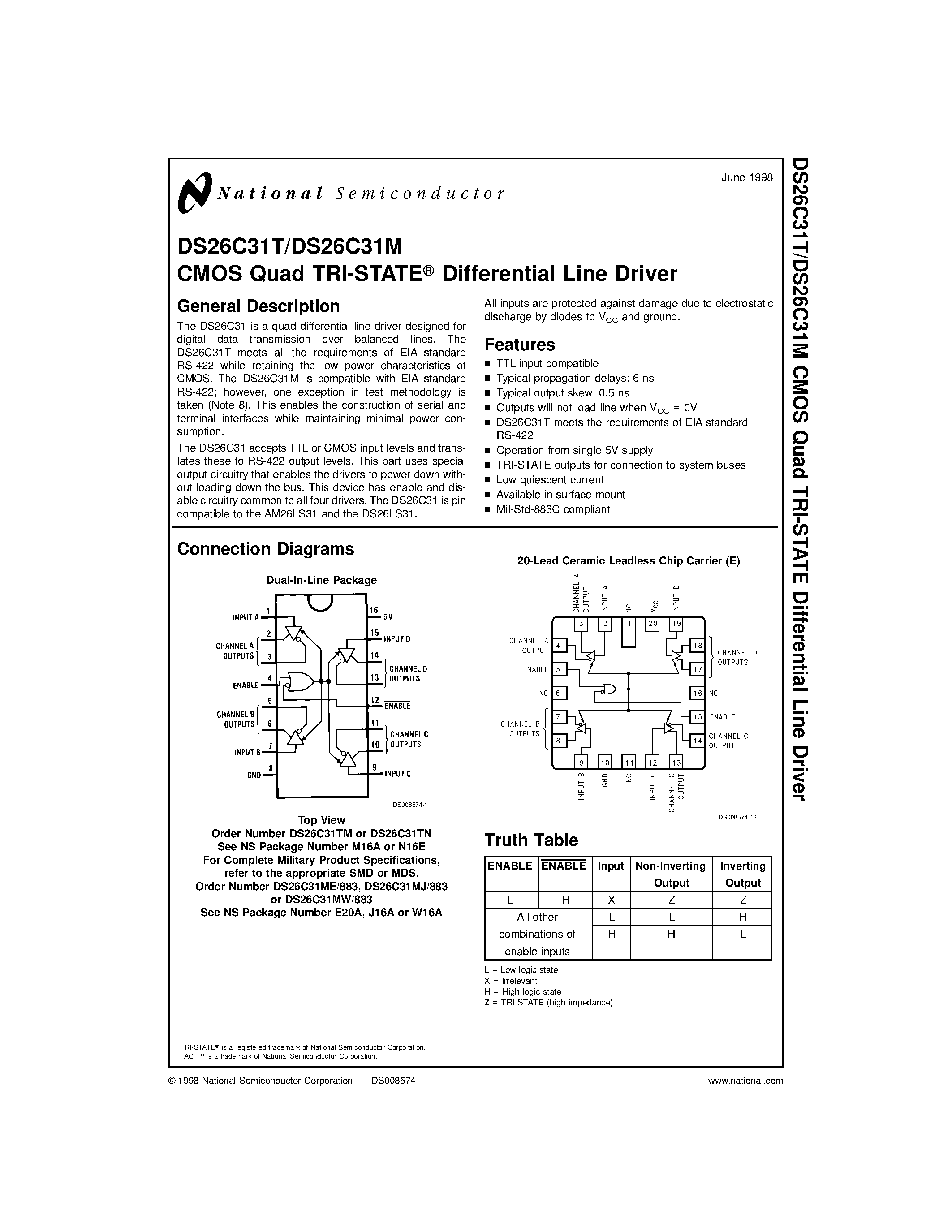 Даташит DS26C31T - CMOS Quad TRI-STATE Differential Line Driver страница 1