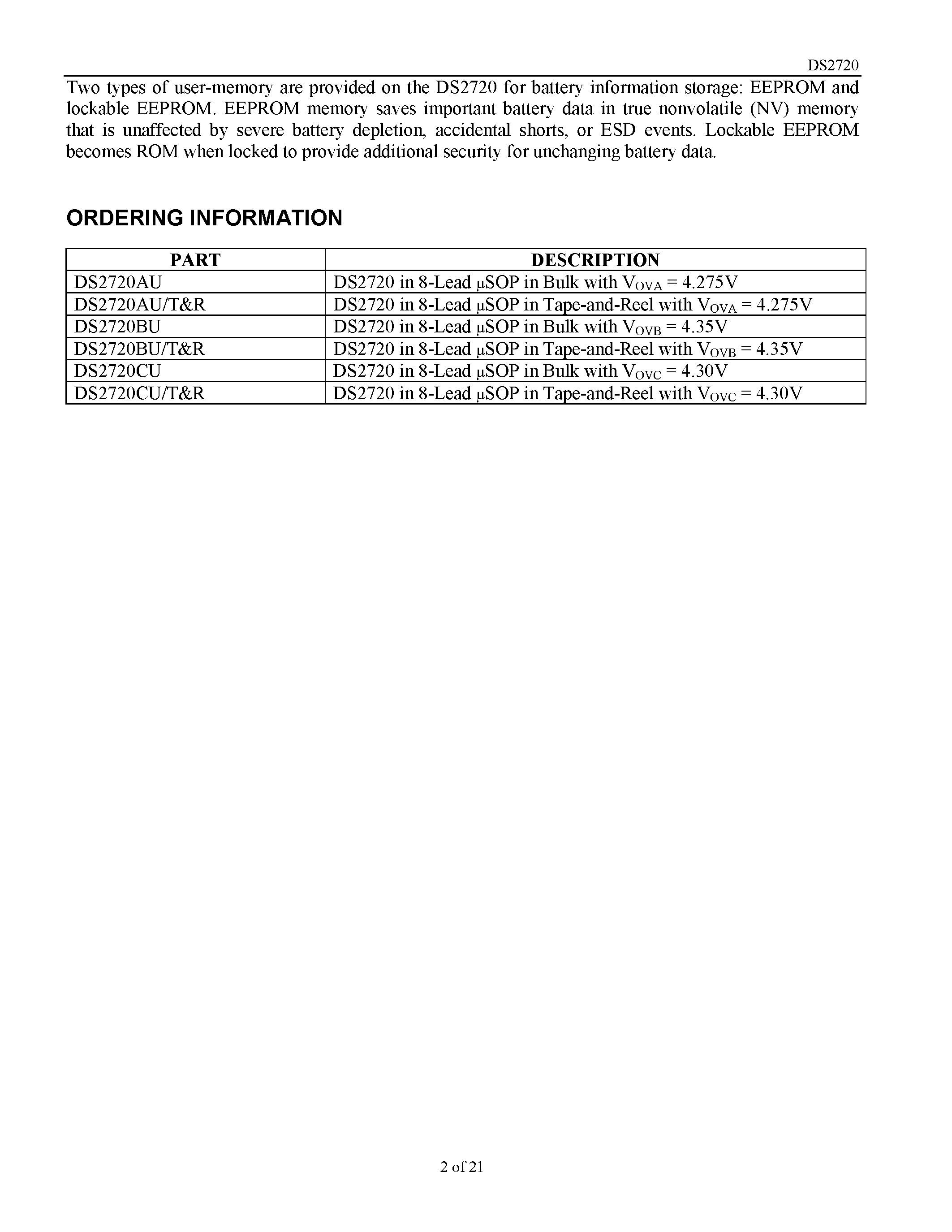 Datasheet DS2720 page 2 Datasheet DS2720 - Efficient/ Addressable Single-Cell Rechargeable Lithium Protection IC page 2