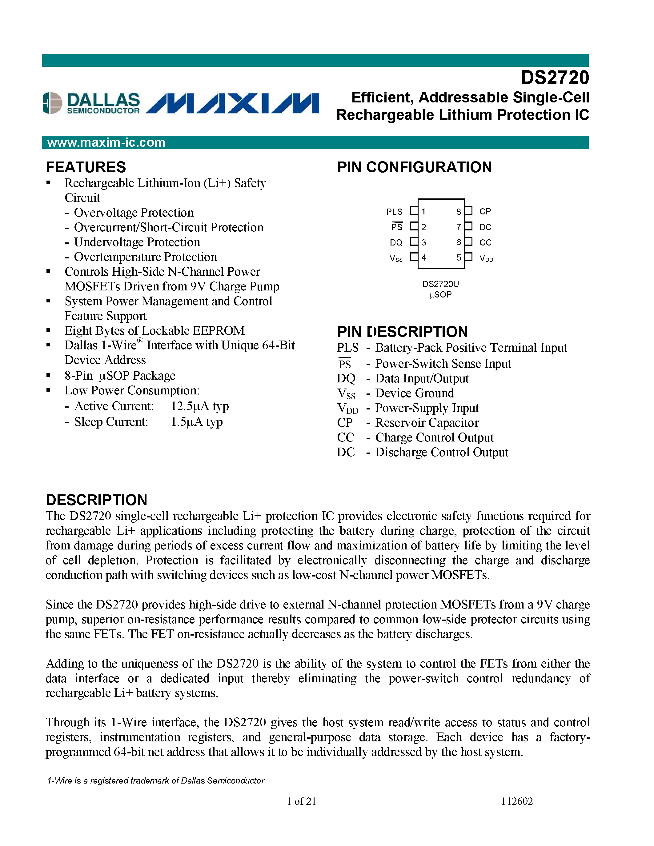 Datasheet DS2720CU page 1 Datasheet DS2720CU - Efficient/ Addressable Single-Cell Rechargeable Lithium Protection IC page 1