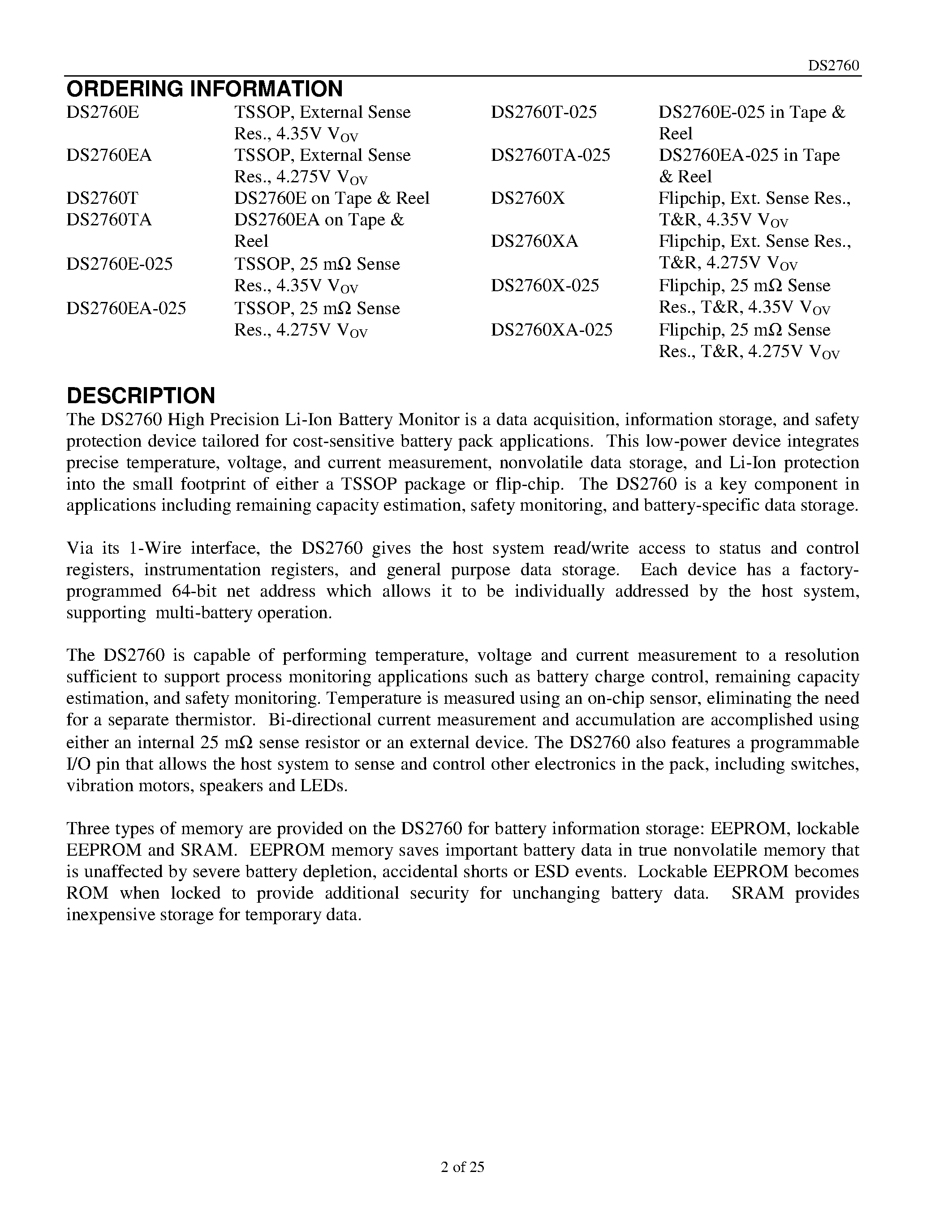 Datasheet DS2760EA - High Precision Li-Ion Battery Monitor page 2