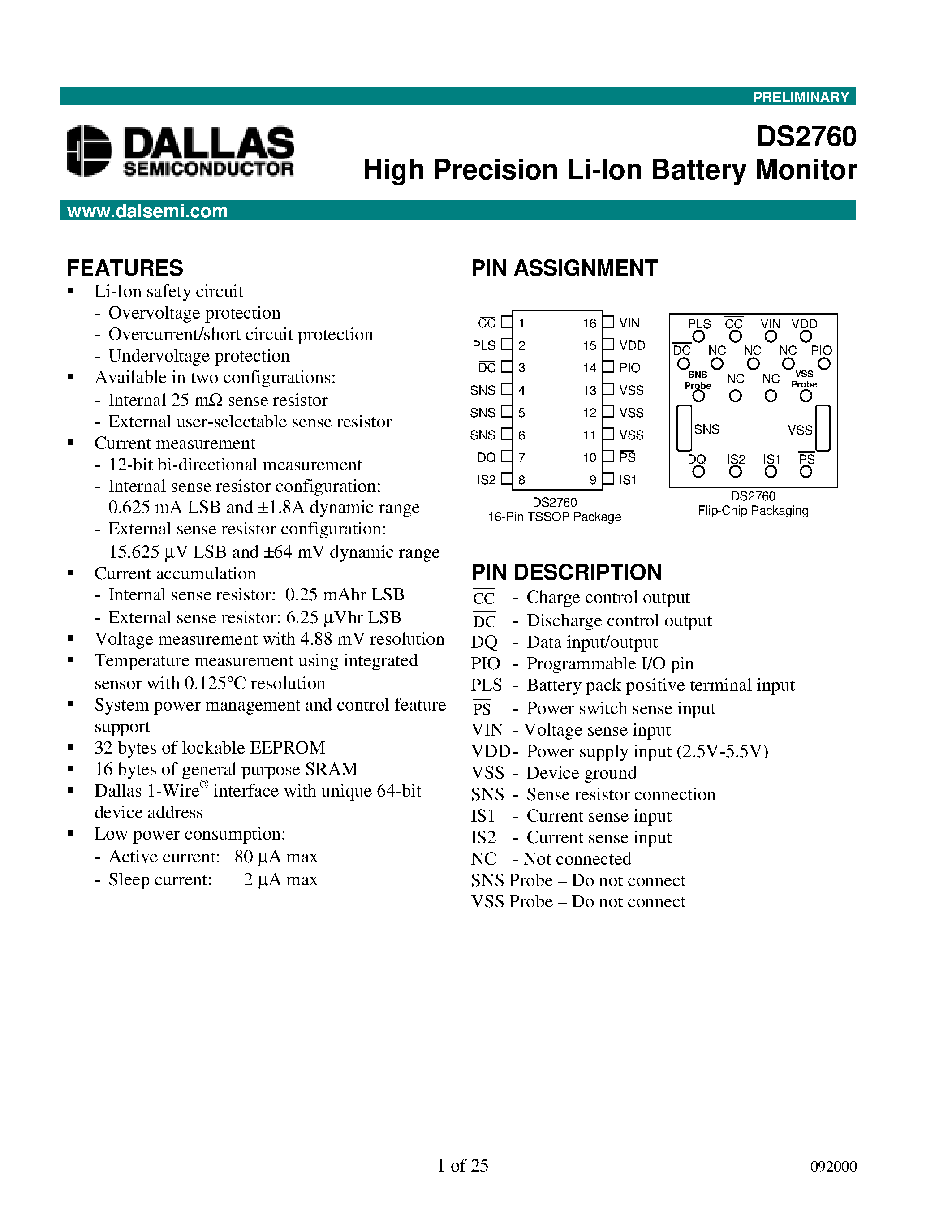 Datasheet DS2760XA-025 - High Precision Li-Ion Battery Monitor page 1