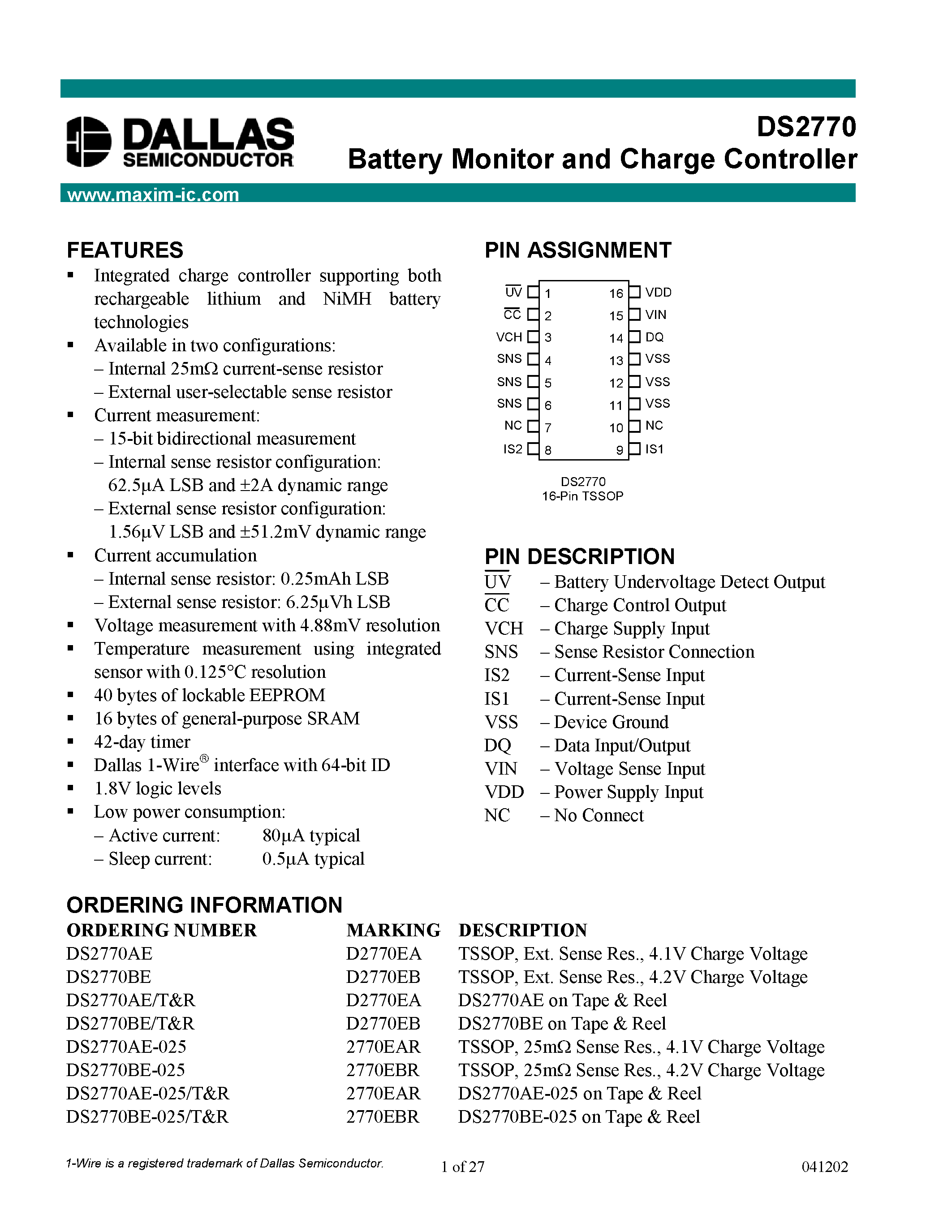 Datasheet DS2770AE-025 - Battery Monitor and Charge Controller page 1