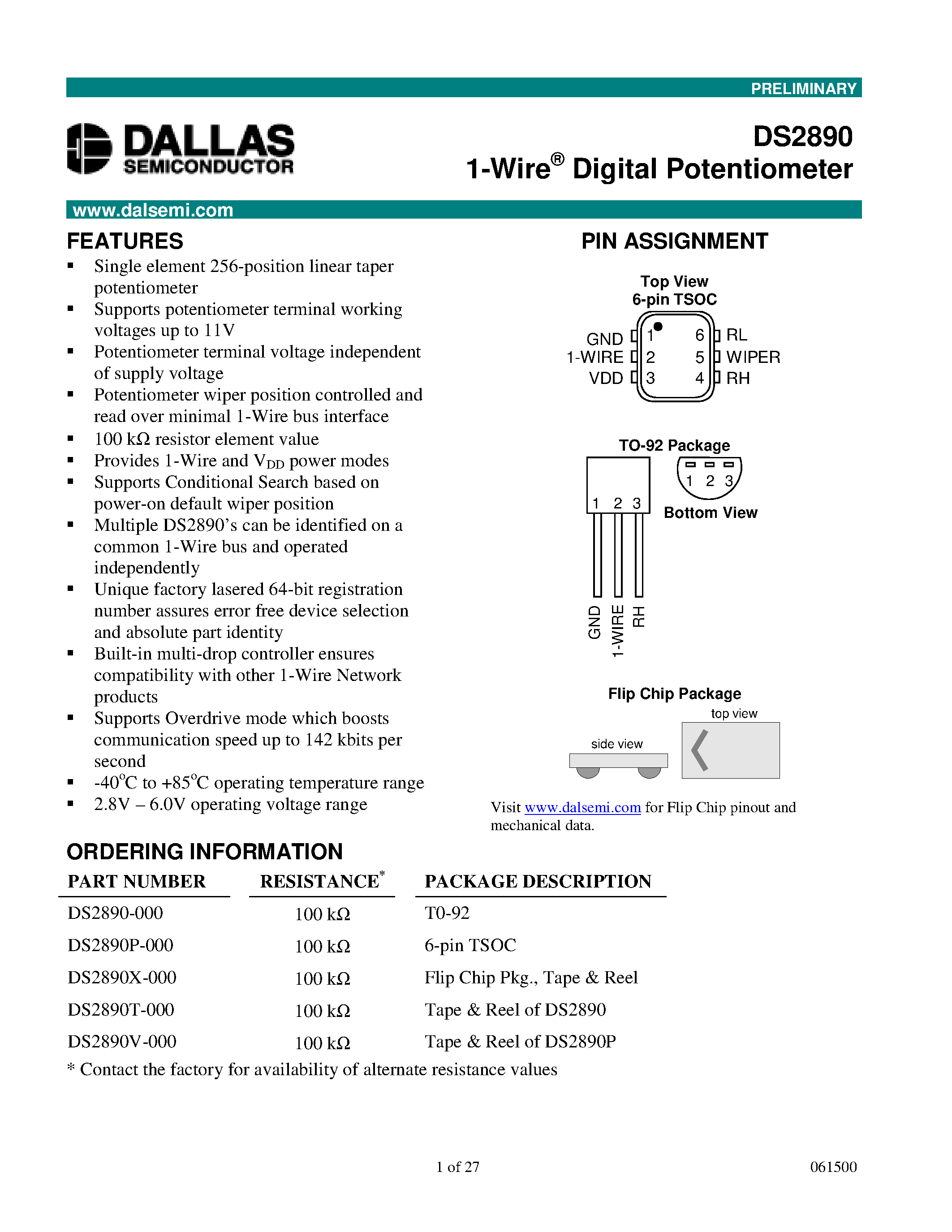 Даташит DS2890P - 1-Wire Digital Potentiometer страница 1