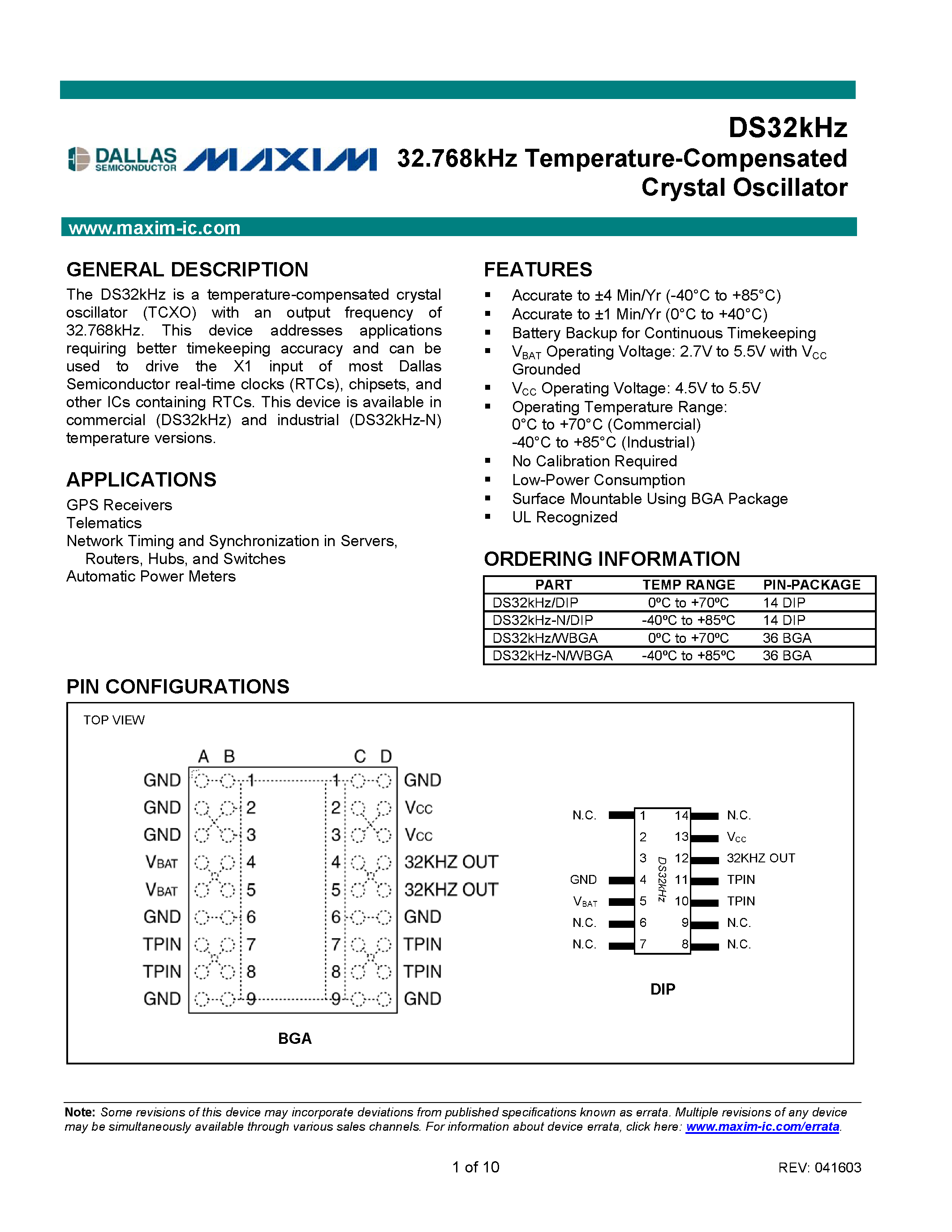 Datasheet DS32kHz-N - 32.768kHz Temperature-Compensated Crystal Oscillator page 1