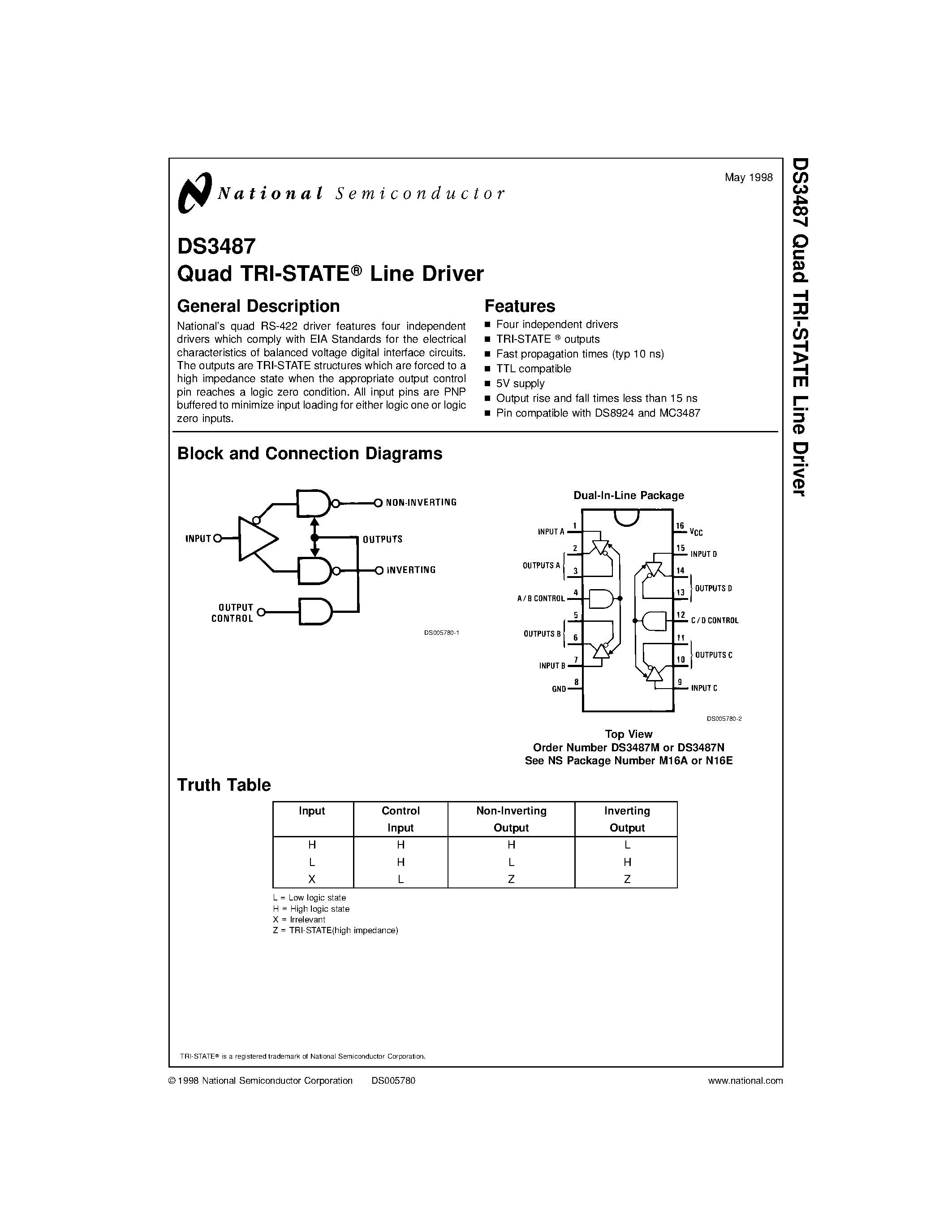 Даташит DS3487 - Quad TRI-STATE Line Driver страница 1