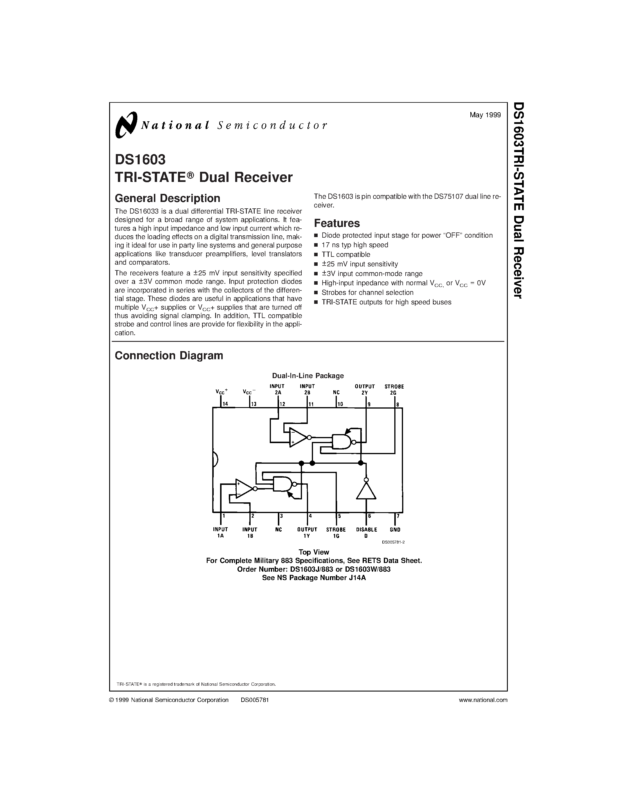 Даташит DS3603N - TRI-STATE Dual Receiver страница 1