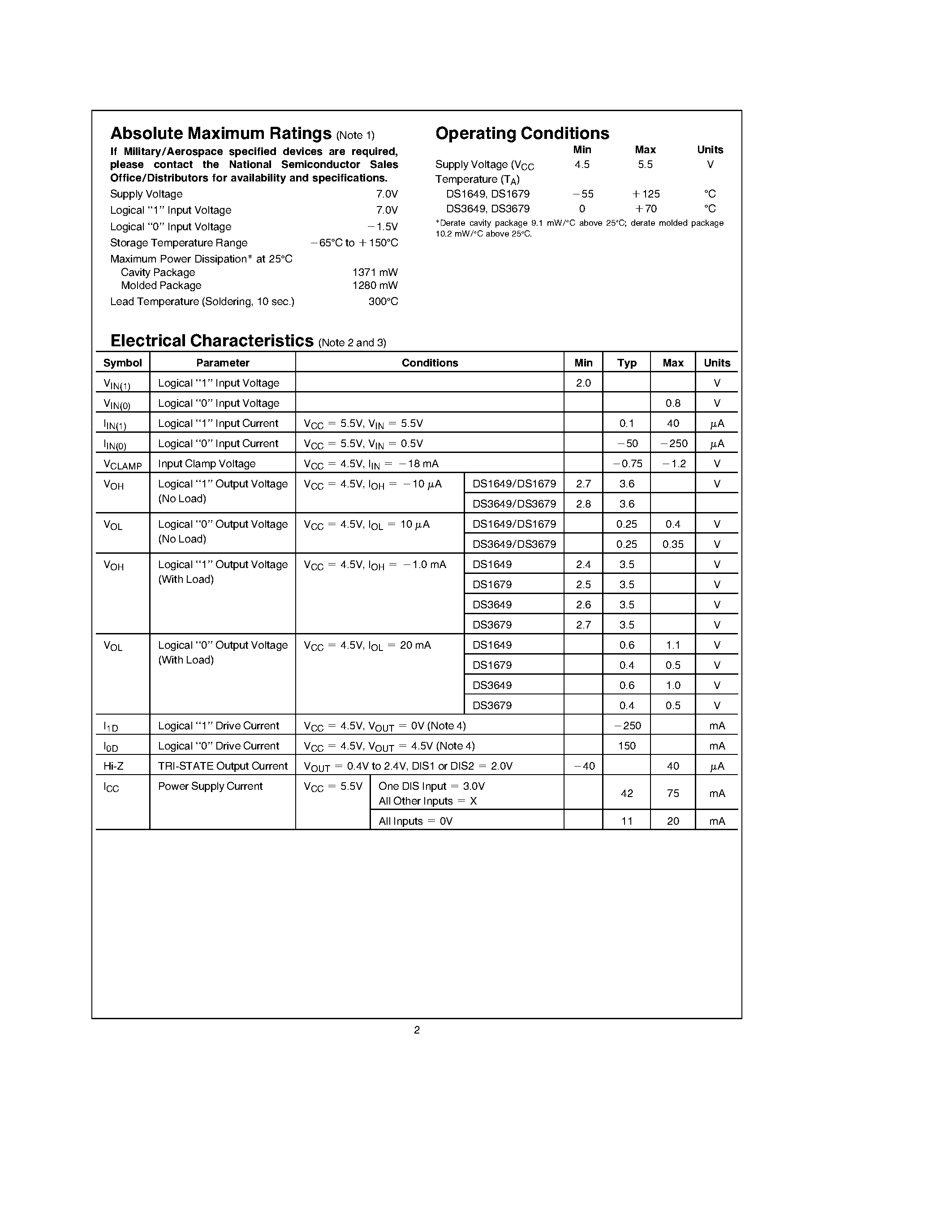 Datasheet DS3649J - Hex TRI-STATEE TTL to MOS Drivers page 2