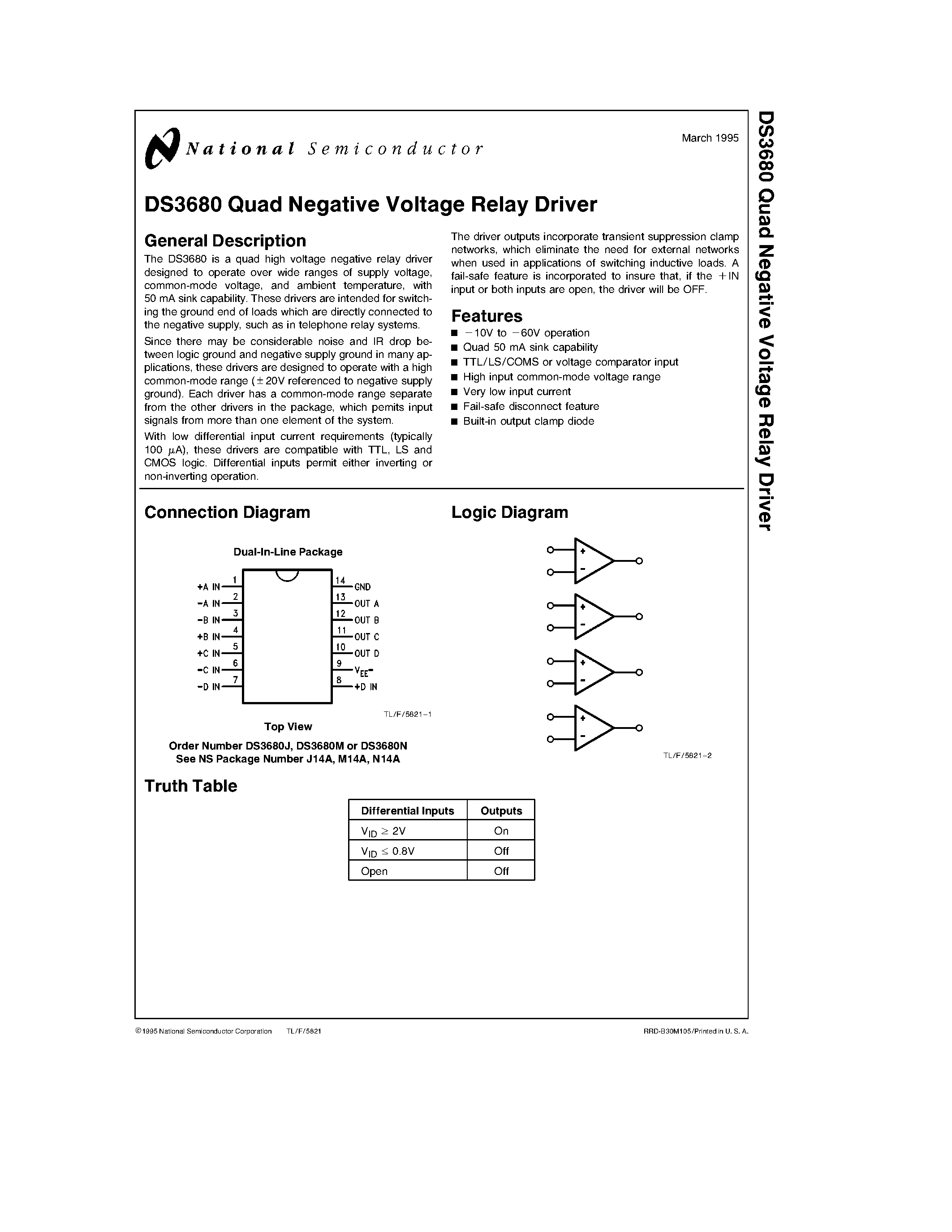 Даташит DS3680N - Quad Negative Voltage Relay Driver страница 1