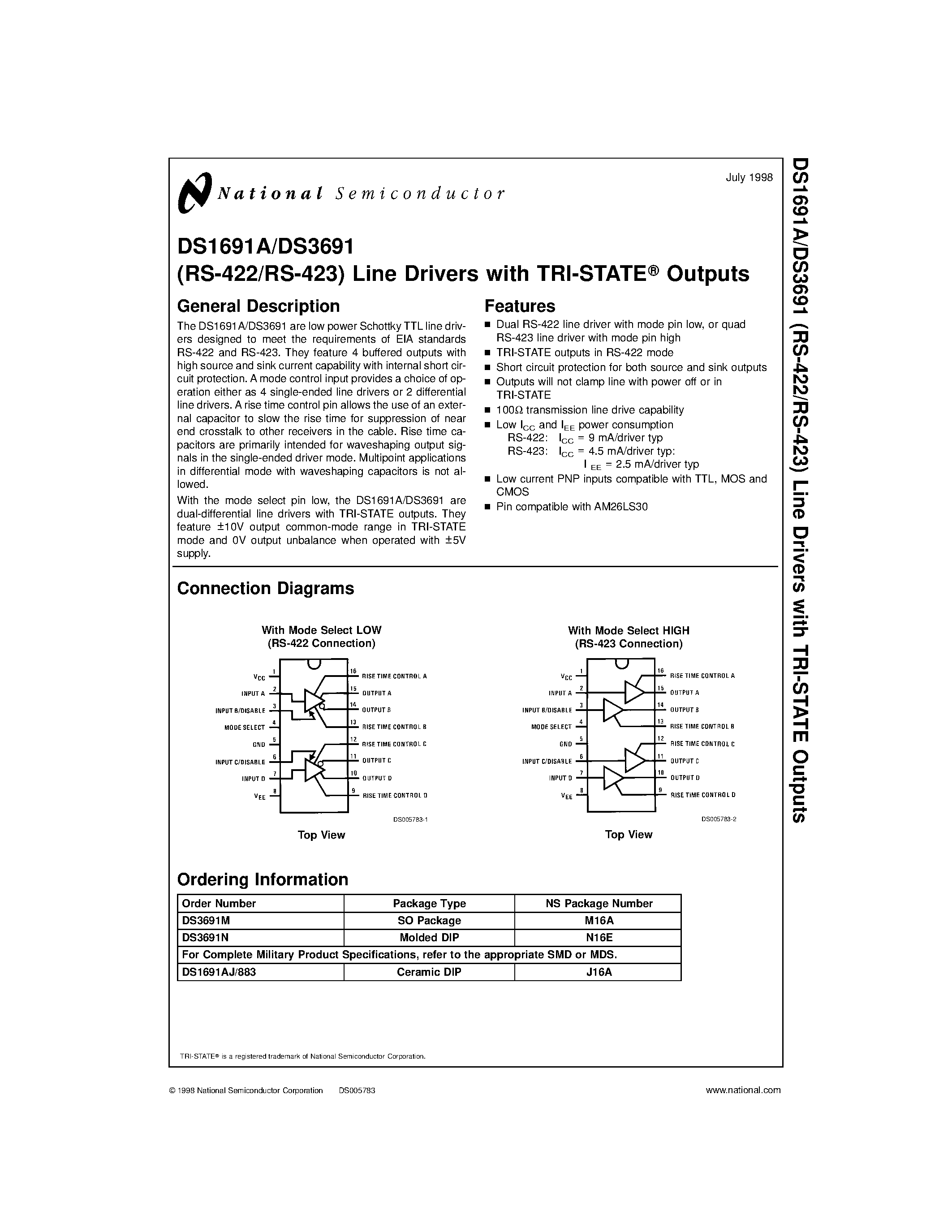 Даташит DS3691M - (RS-422/RS-423) Line Drivers with TRI-STATE Outputs страница 1