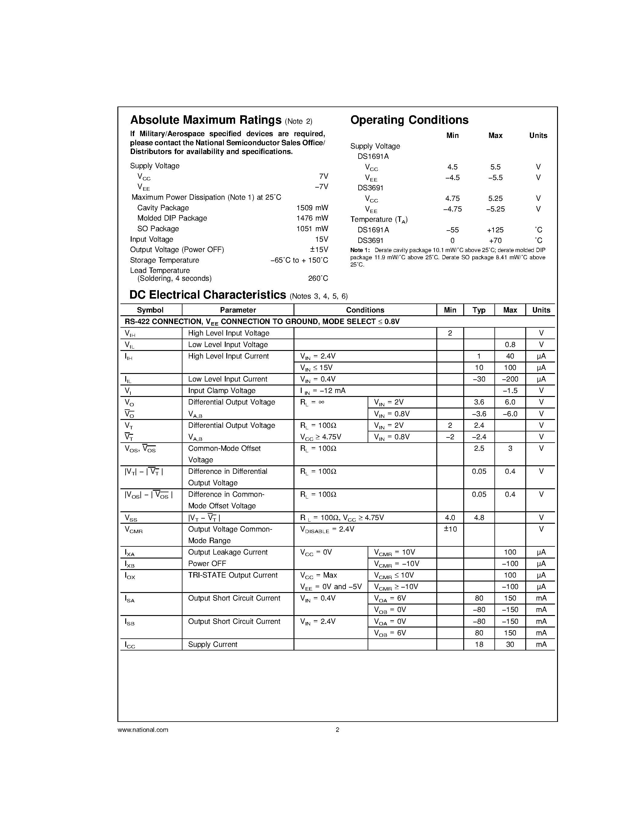 Даташит DS3691M - (RS-422/RS-423) Line Drivers with TRI-STATE Outputs страница 2