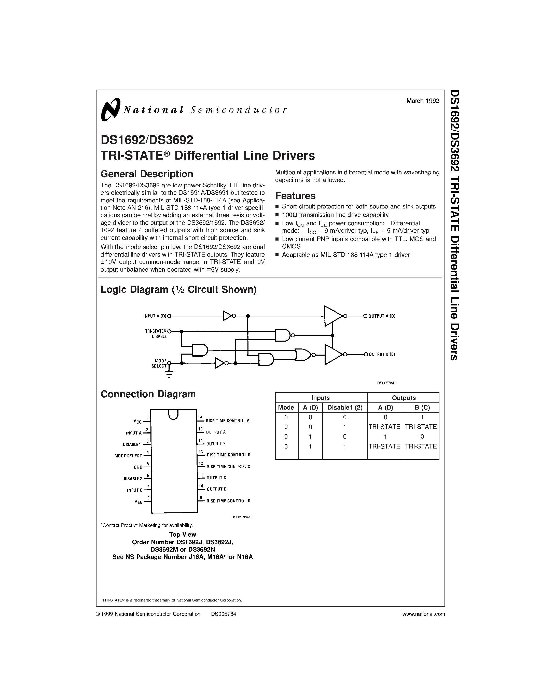 Даташит DS3692 - TRI-STATE Differential Line Drivers страница 1