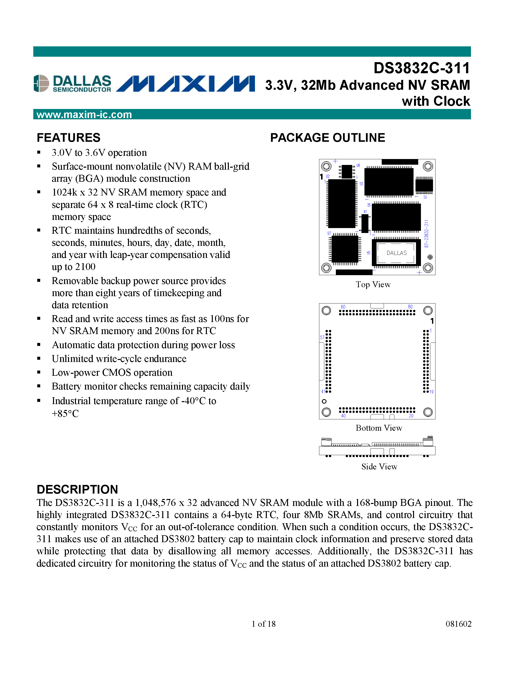 Datasheet DS3832C-311 - 3.3V/ 32Mb Advanced NV SRAM with Clock page 1