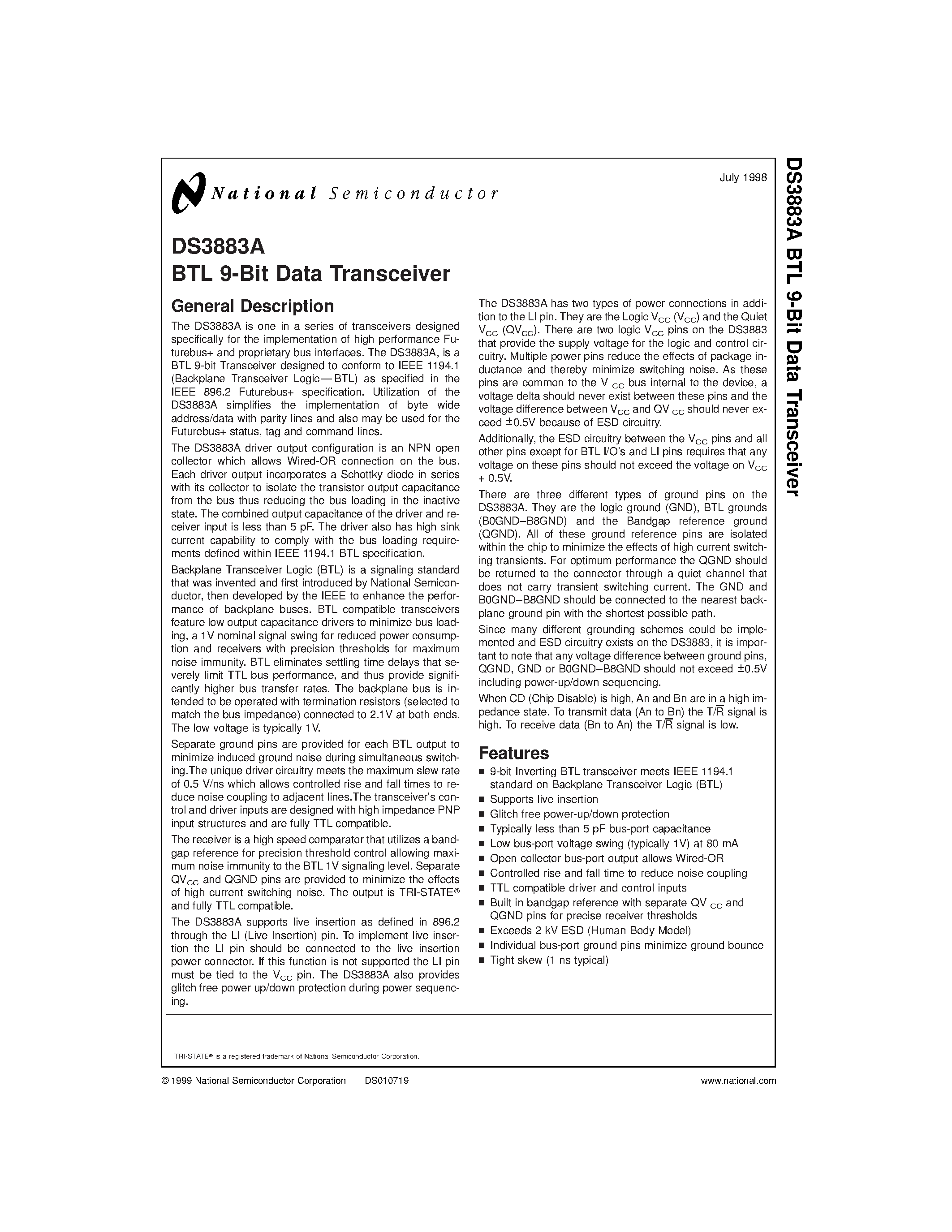 Даташит DS3883AVF - BTL 9-Bit Data Transceiver страница 1