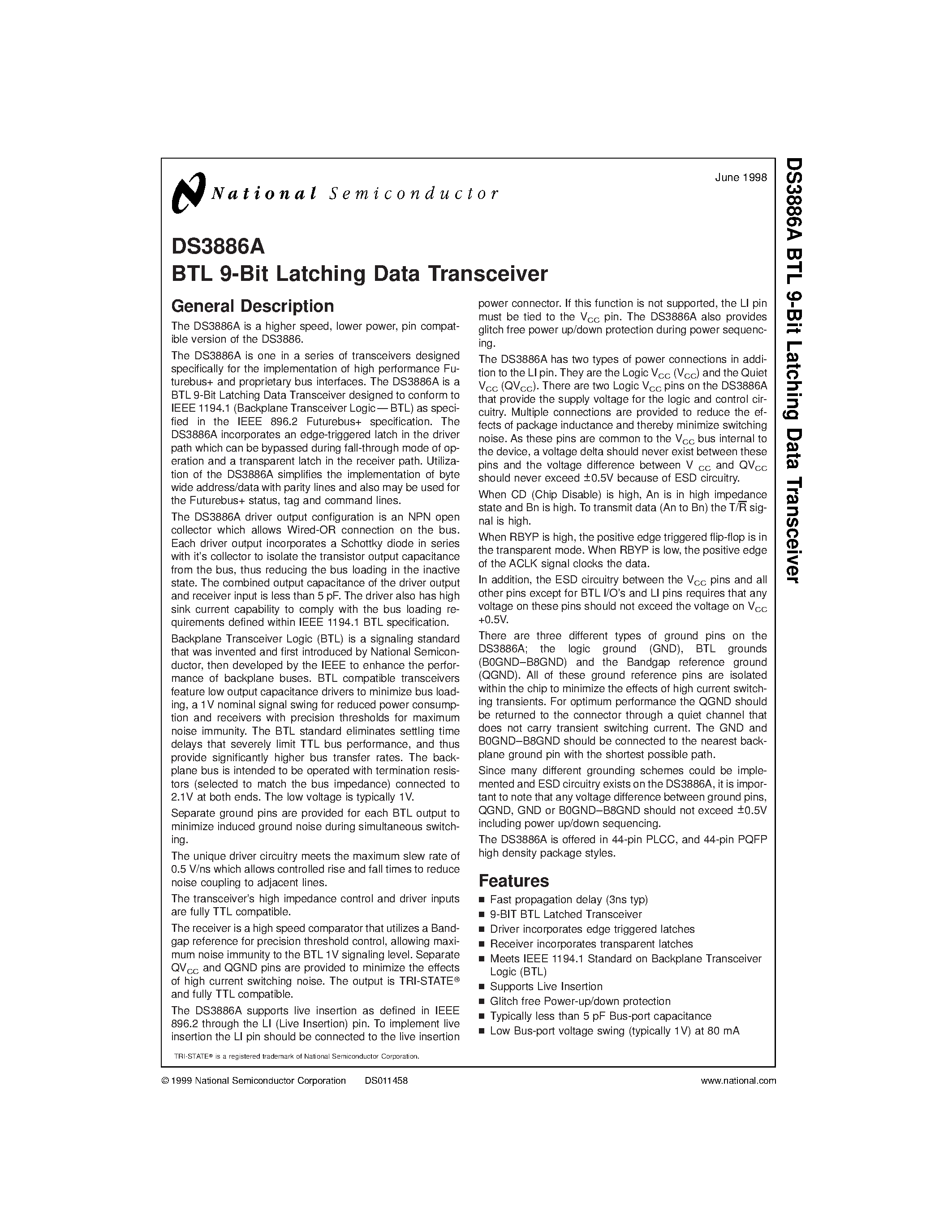 Даташит DS3886AVF - BTL 9-Bit Latching Data Transceiver страница 1
