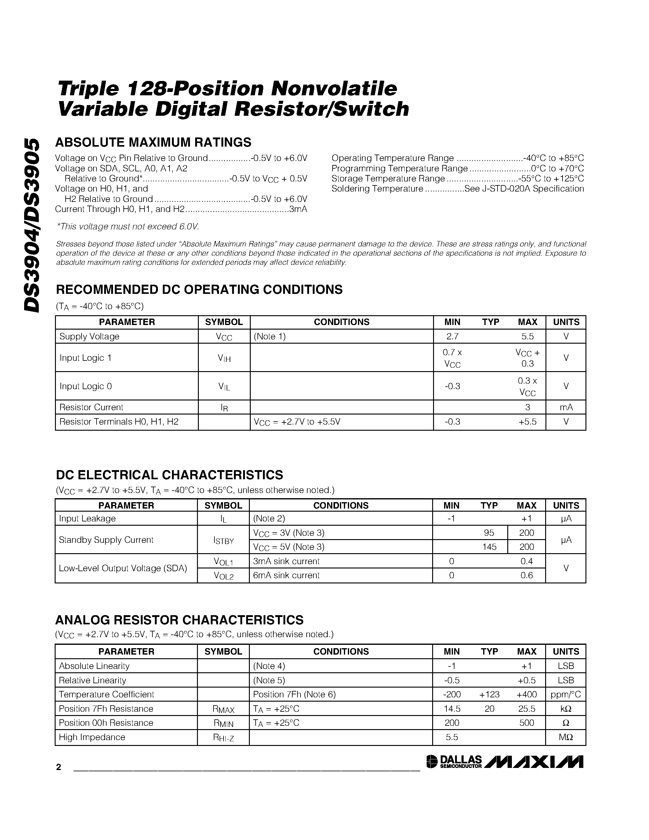 Даташит DS3905 - Triple 128-Position Nonvolatile Digital Variable Resistor/Switch страница 2