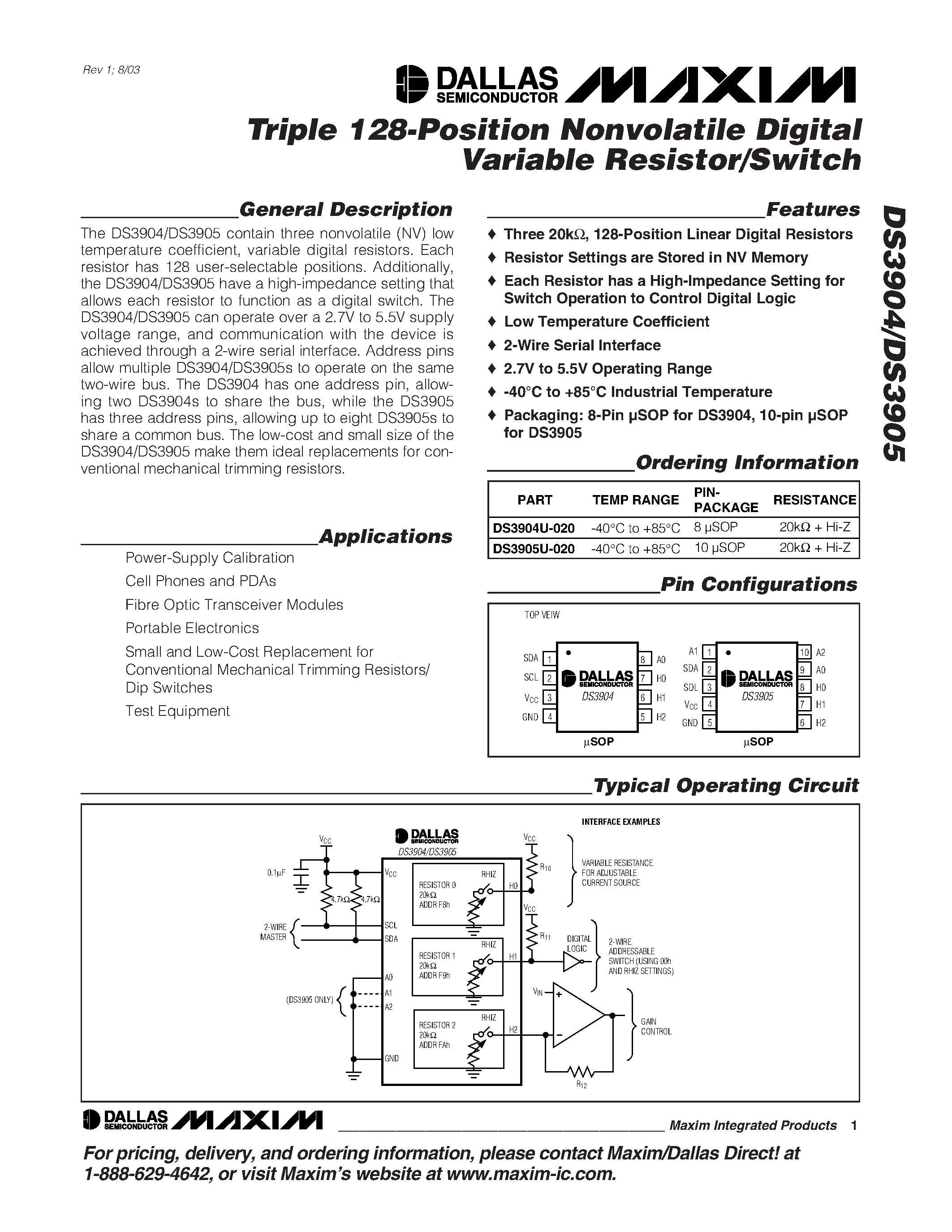 Даташит на микросхему DS3905U-020 страница 1 Даташит DS3905U-020 - Triple 128-Position Nonvolatile Digital Variable Resistor/Switch страница 1